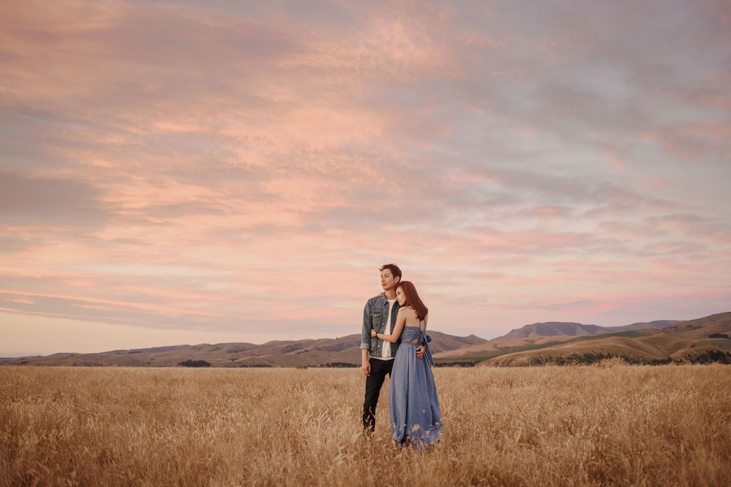 Min and Kenneth from Singapore — pre-wedding photos at Birdlings Flat, Banks Peninsula, South Island, Chch. Landscape version.