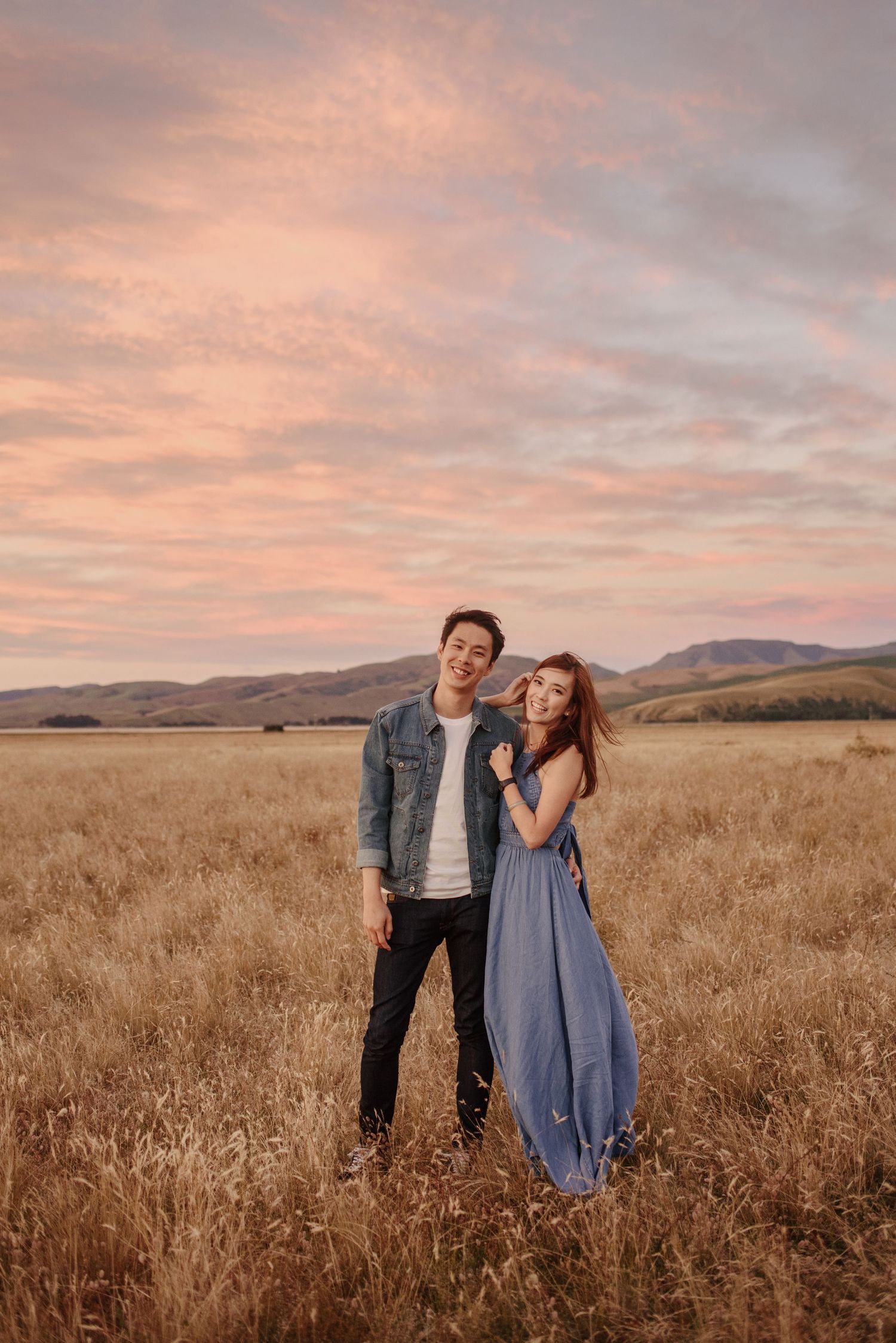 Min and Kenneth from Singapore — pre-wedding photos at Birdlings Flat, Banks Peninsula, South Island, Chch. Vertical version.