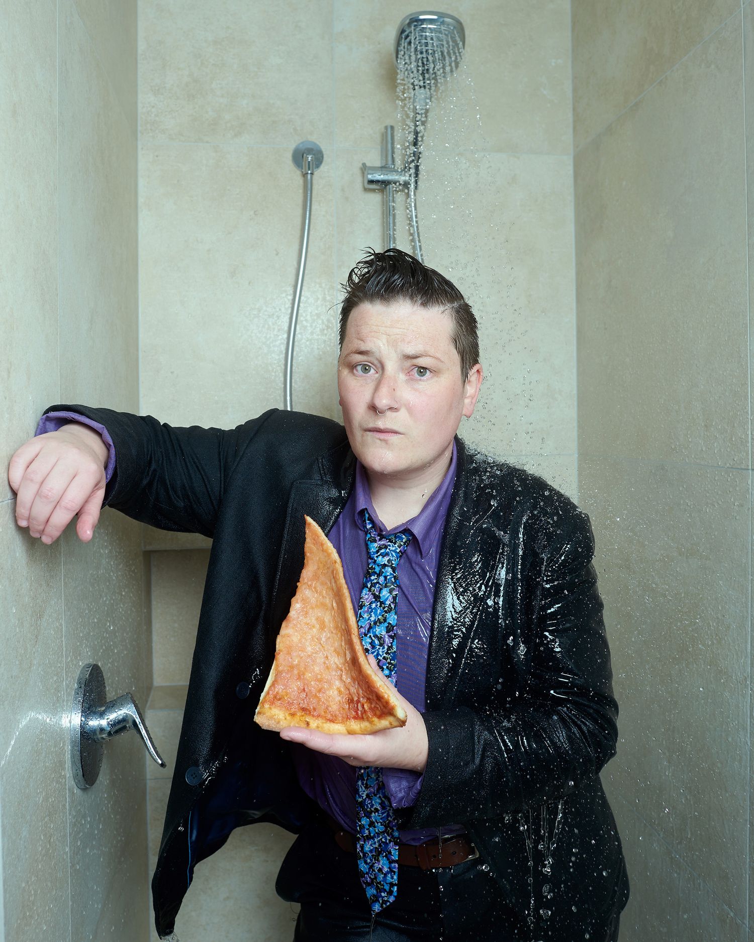 Ray Shipley, eating pizza in the shower