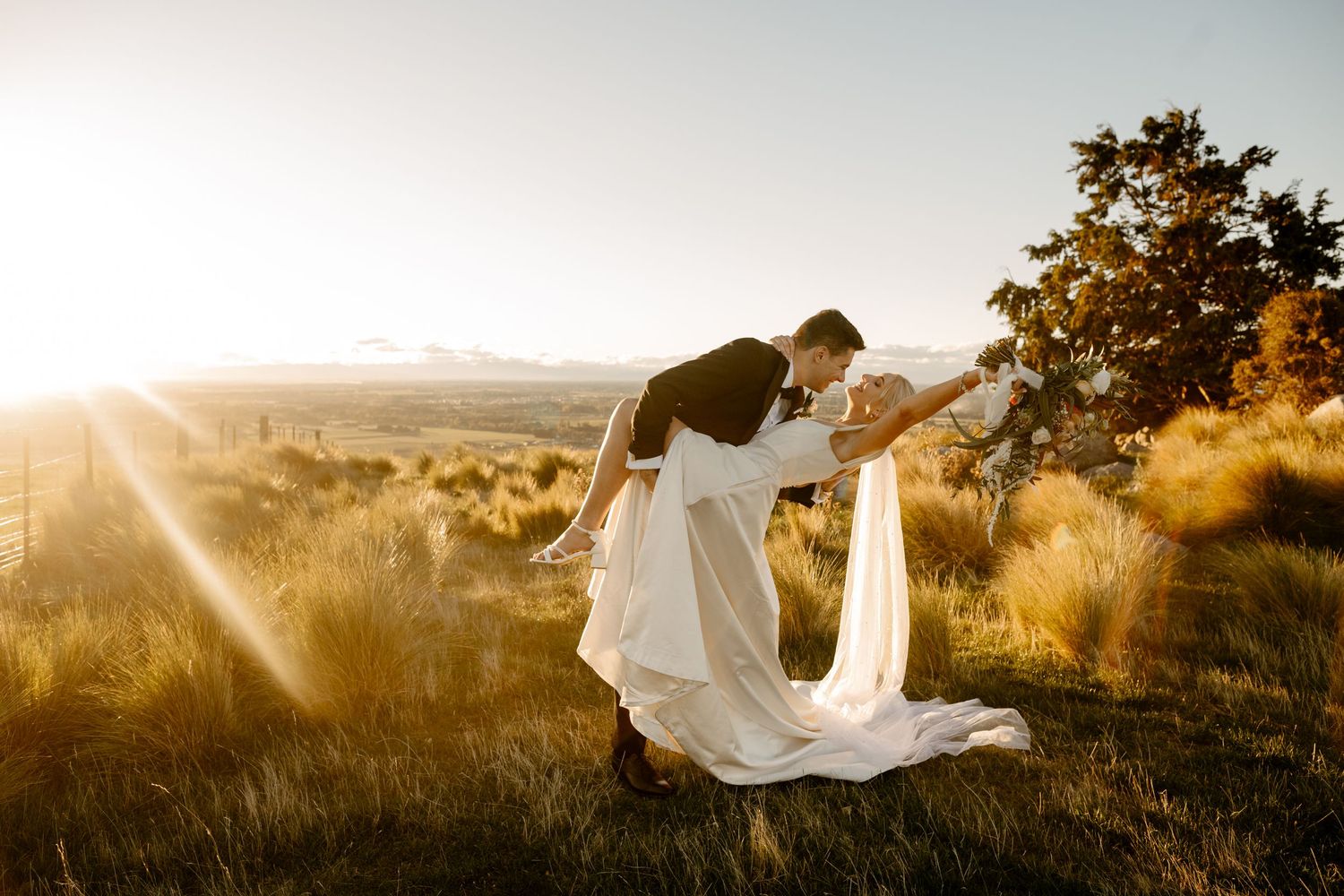 Sunset photos at Waipuna Estate above Cossars Wineshed and Otahuna Lodge. Featuring a bridal dip and sun flare.