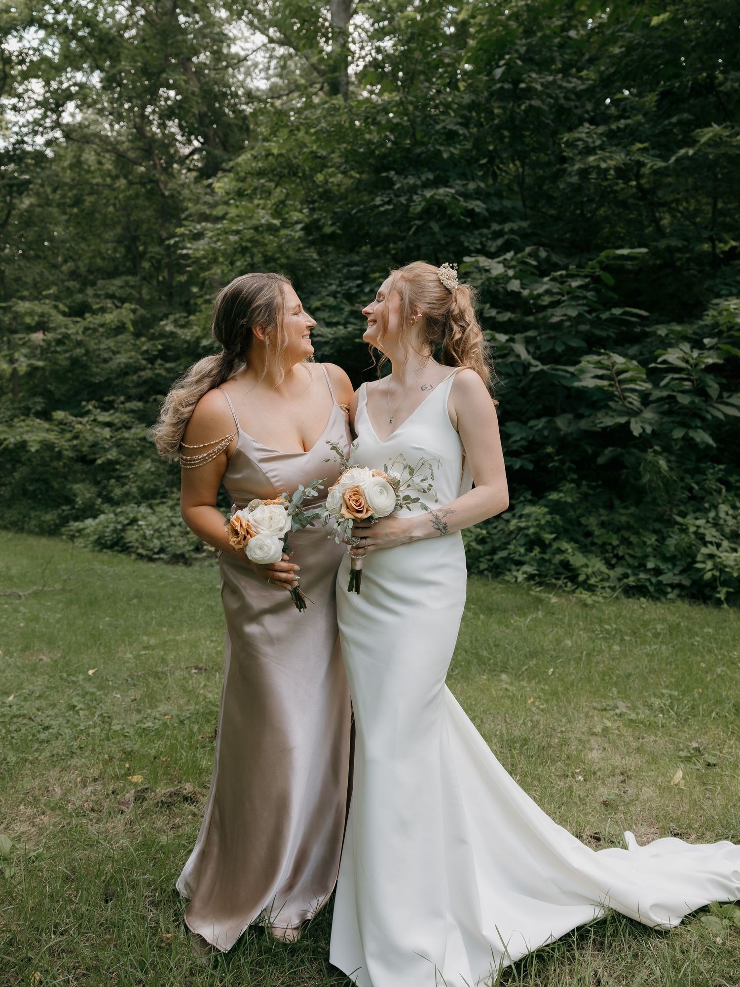 bridesmaid and bride formal portrait outdoor