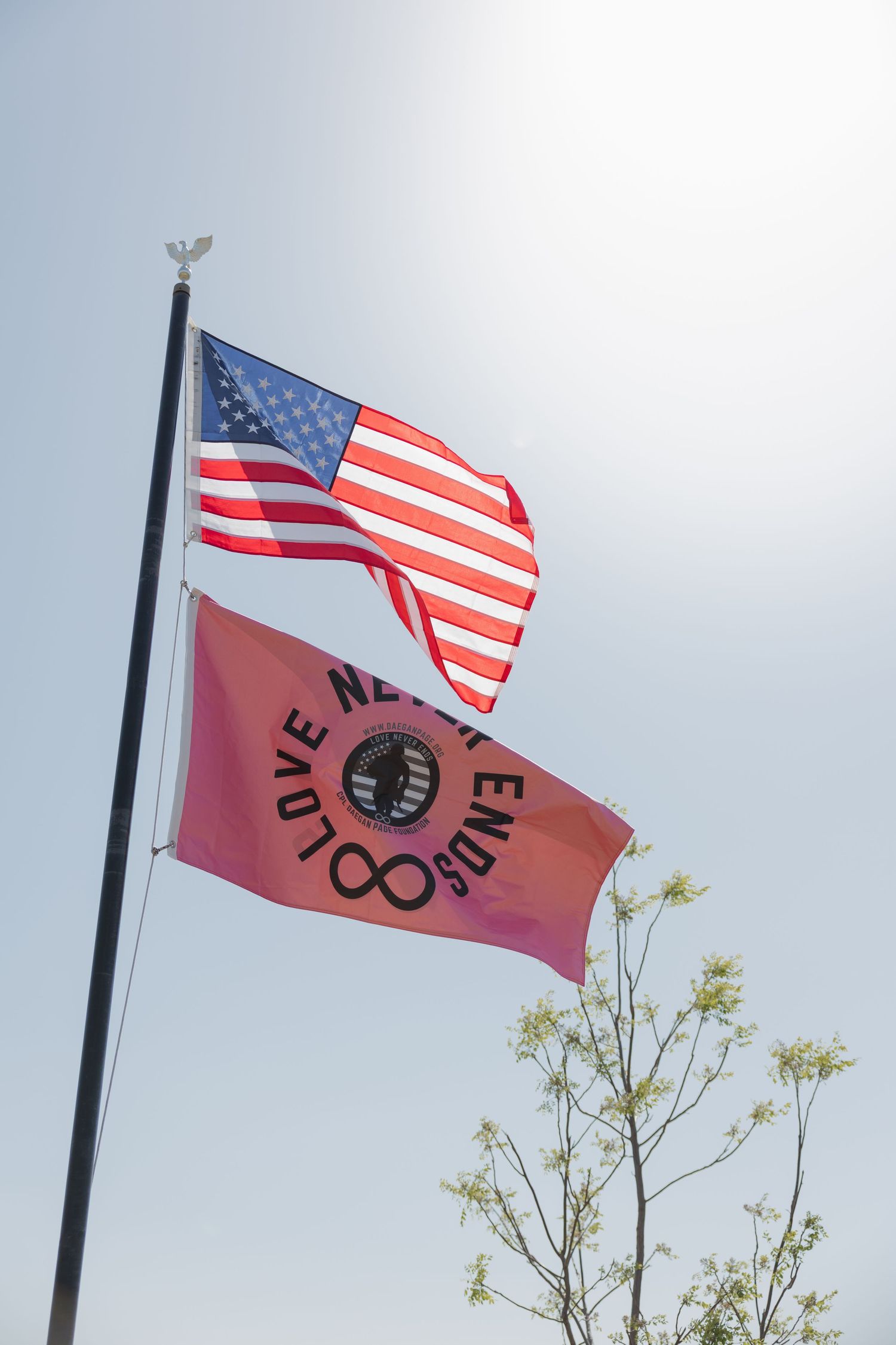 bright clear sunlight shining on flags at an event
