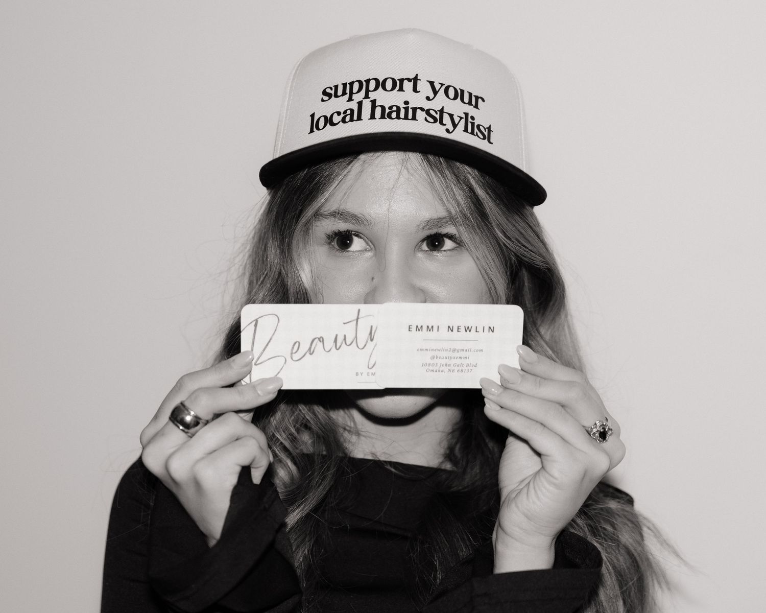 Studio-style branding portrait with flash black and white lighting