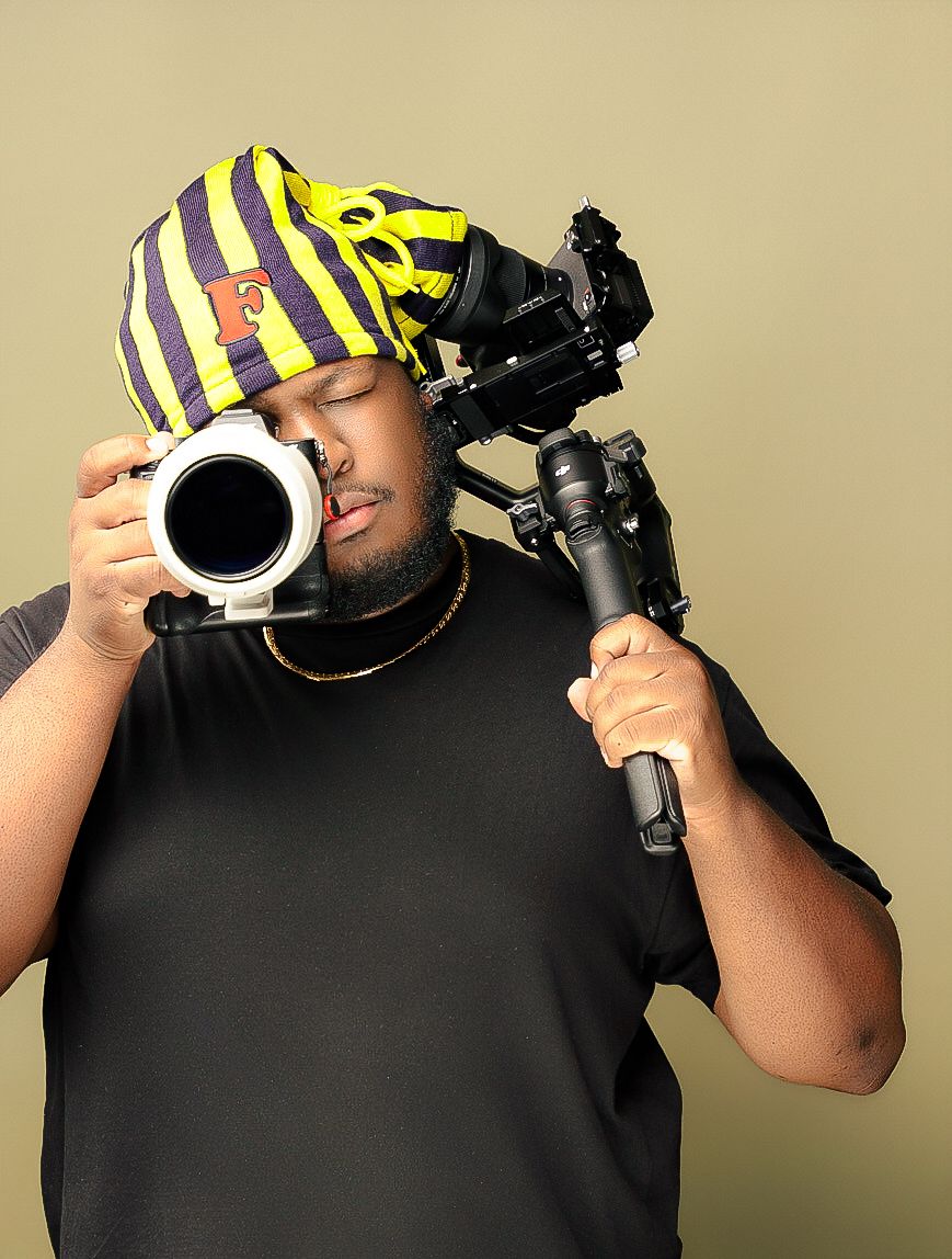 A series of photos showing someone drinking coffee while wearing a striped hat and holding a camera.