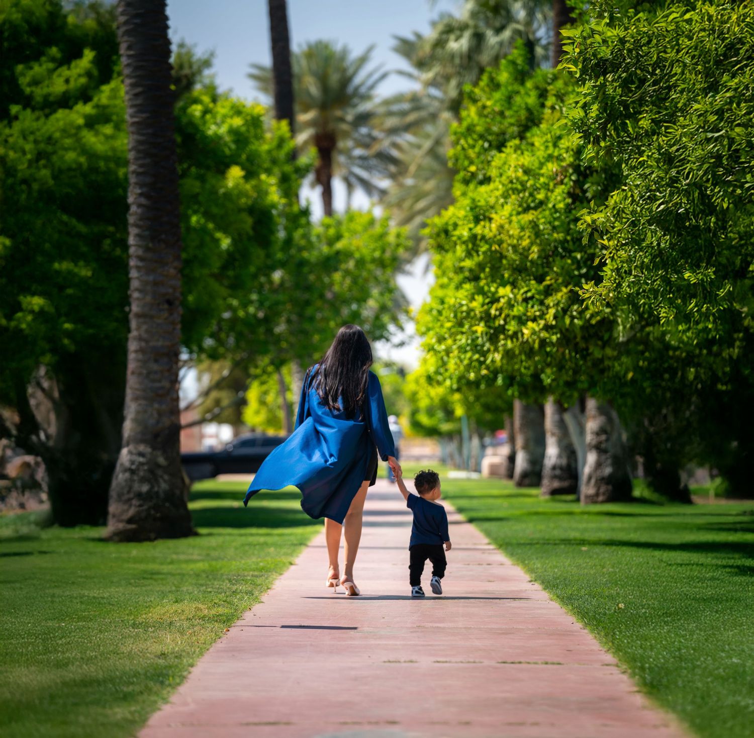Figures walking on pink concrete path bordered by green lawns and palm trees.
