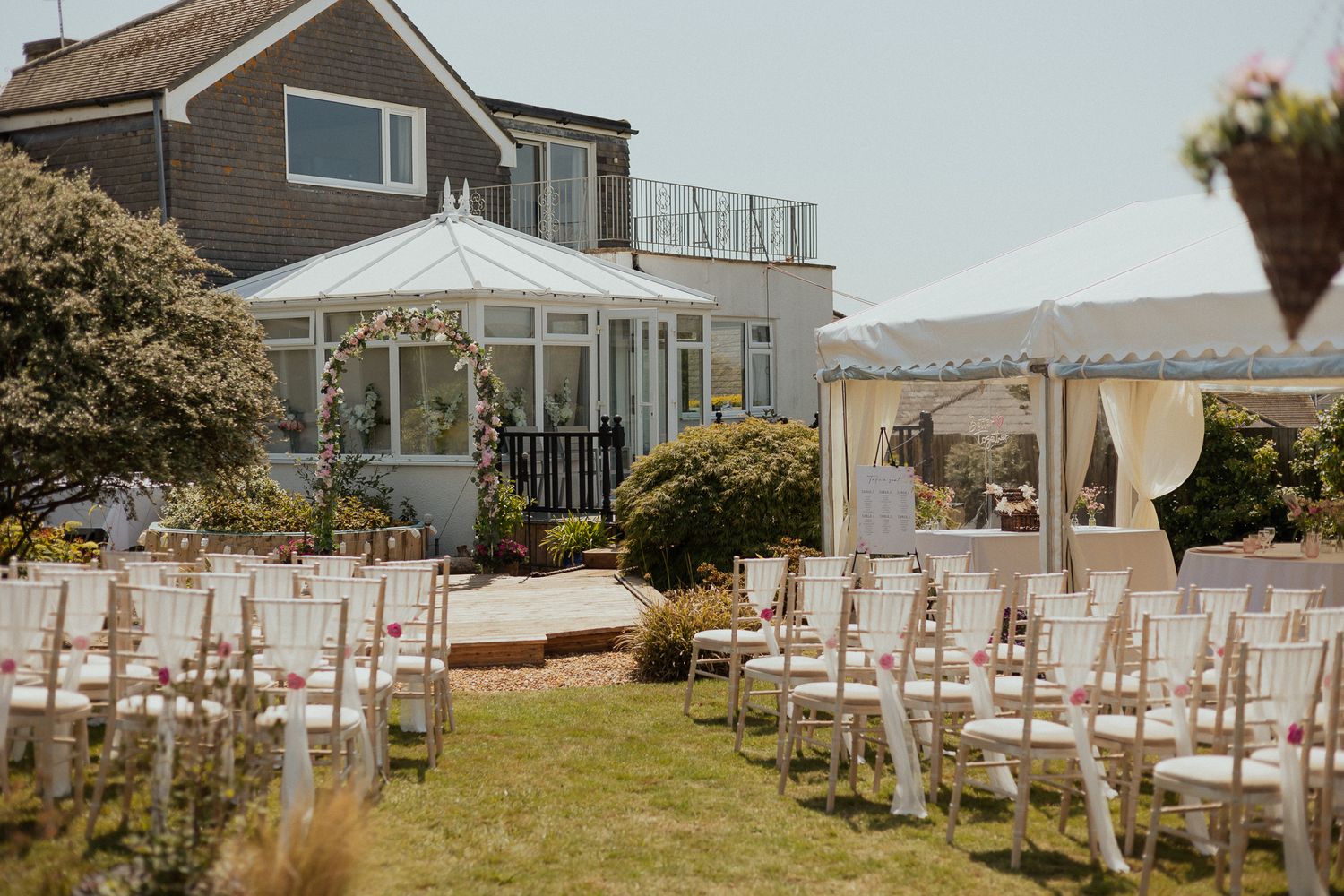At home garden wedding set up in South Devon