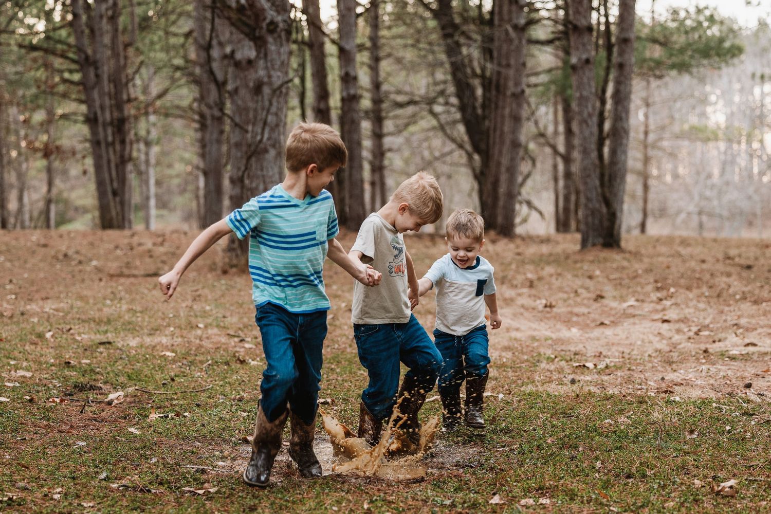 A playful group runs and plays together in a misty autumn forest setting.