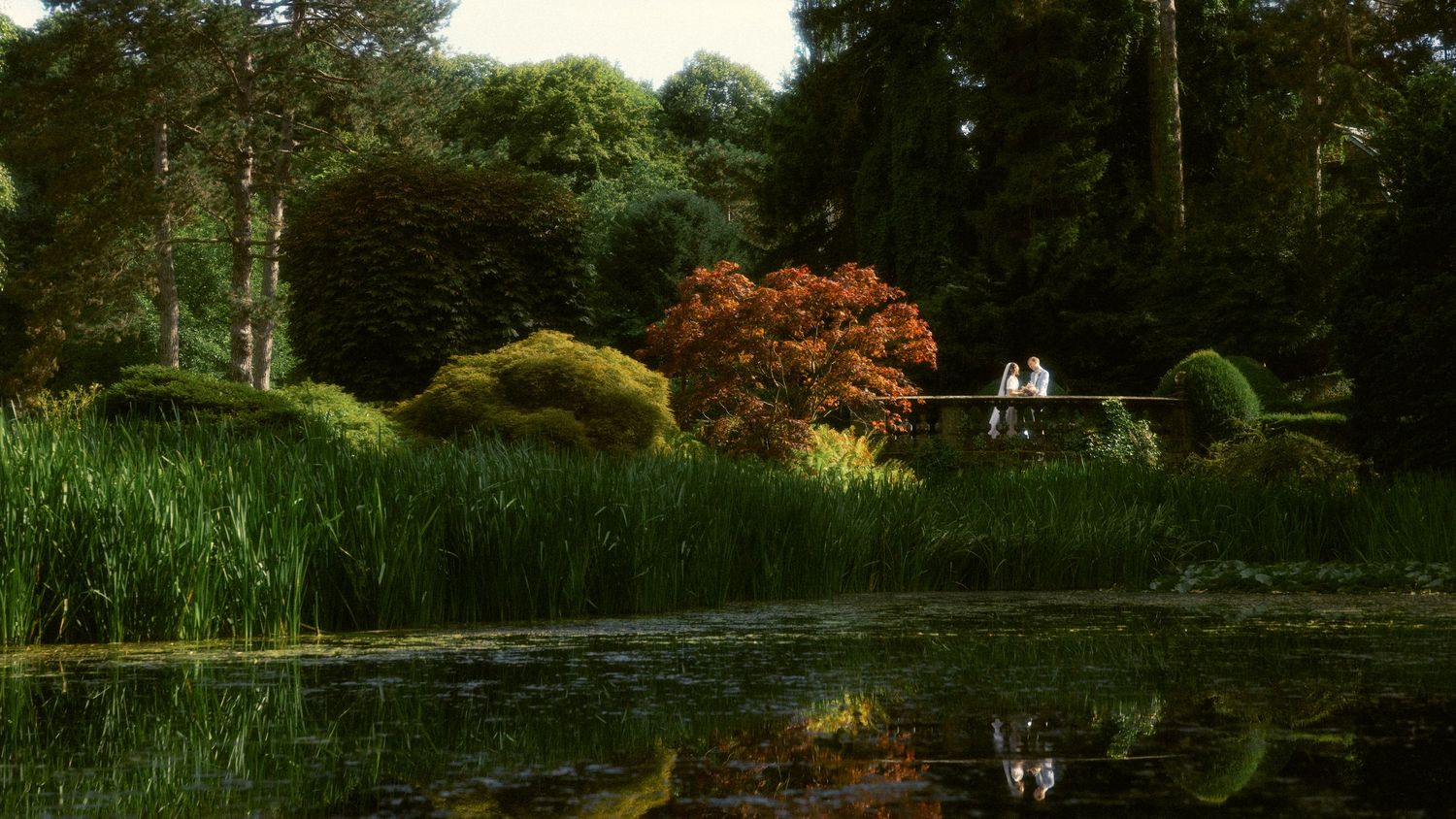 a cinematic dreamy photo of a bride and groom overlooking a pond on the manor grounds at their European wedding
