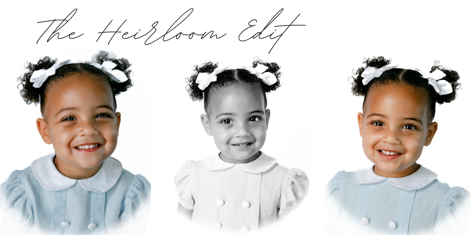 Three similar portraits of a young child with hair buns wearing light colored shirts against a white background.