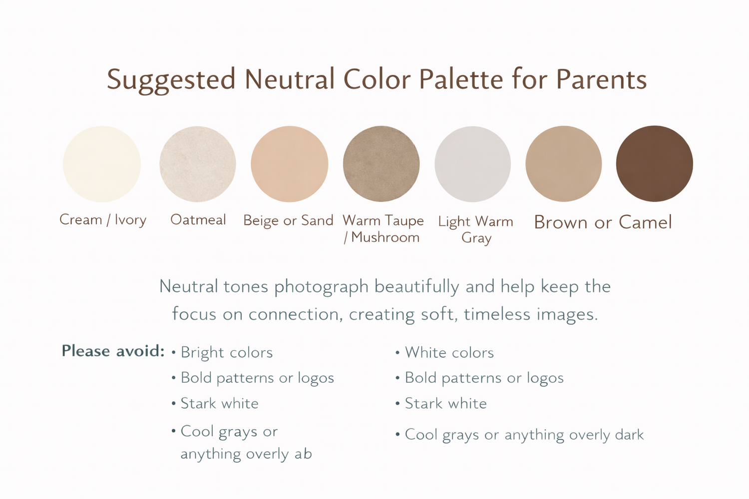 A neutral color palette guide showing beige, cream, and brown tones with styling tips for family photos.