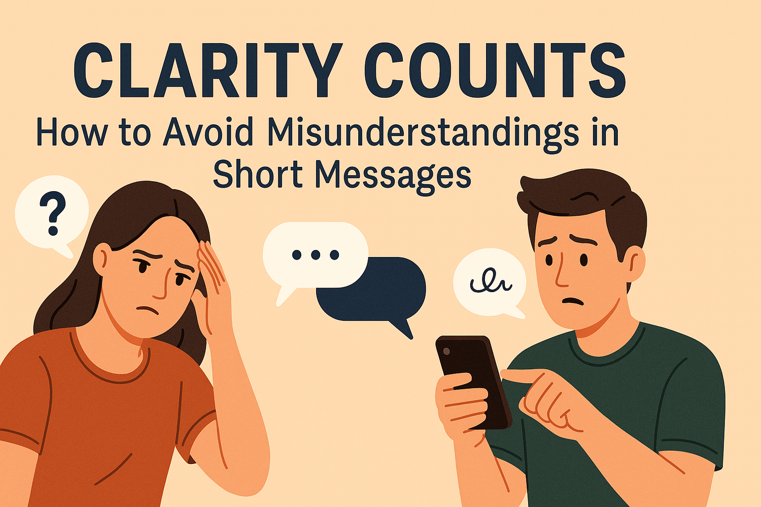 Flat-style illustration showing a confused woman and a concerned man holding a phone, surrounded by speech bubbles, with the title “Clarity