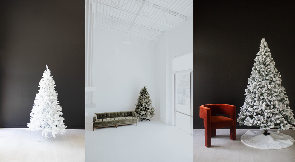 Three Christmas tree display options shown in studio settings with white, flocked, and traditional green styles.