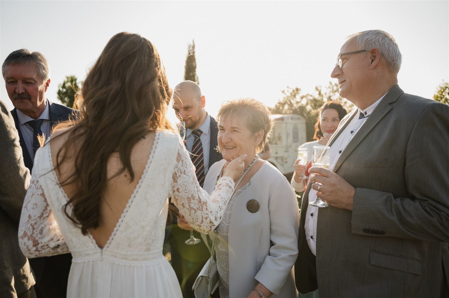 Guests celebrate and raise glasses during an outdoor wedding reception.