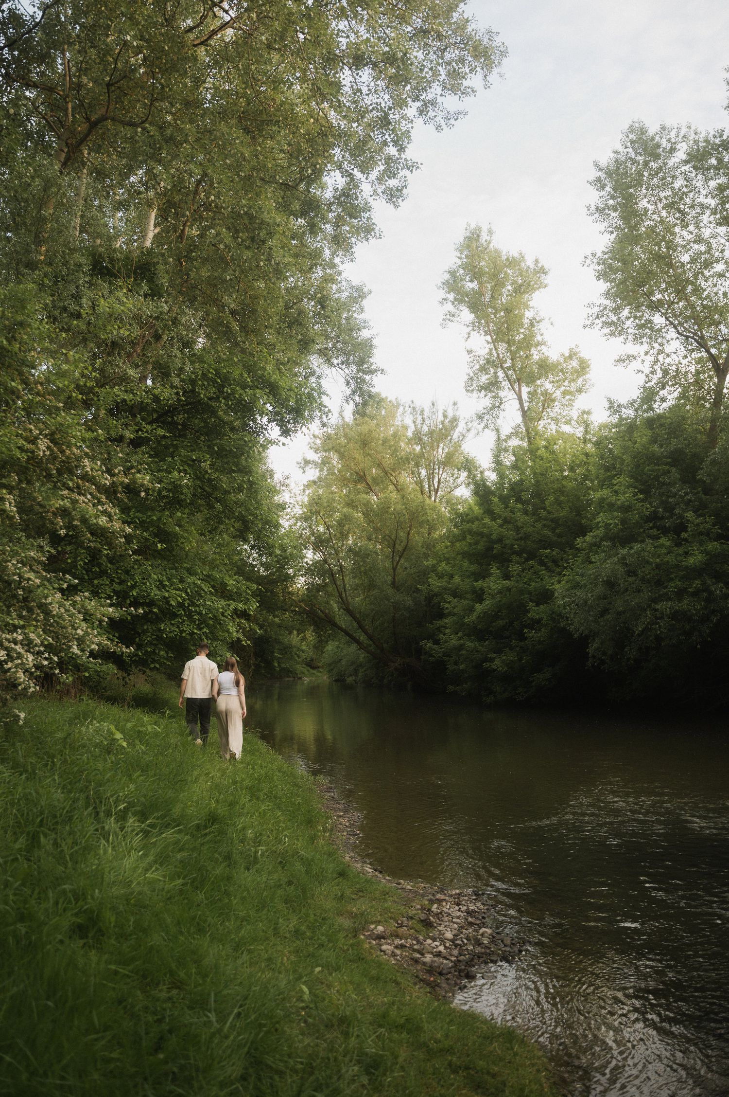 A tranquil river flows through a wooded area with lush green trees lining both banks on a summer day.