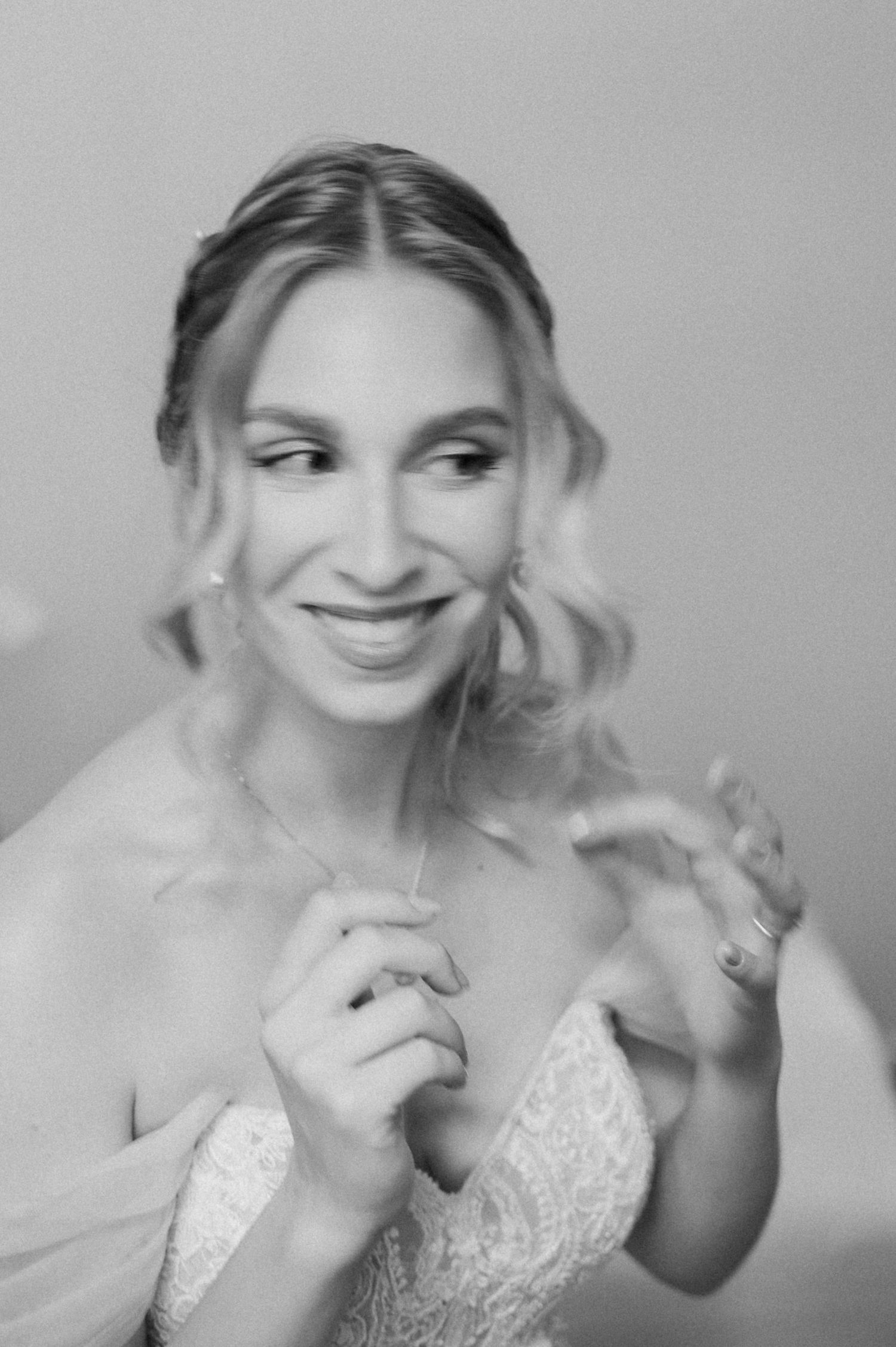 Bride in white dress making playful expressions in a sequence of portrait shots.