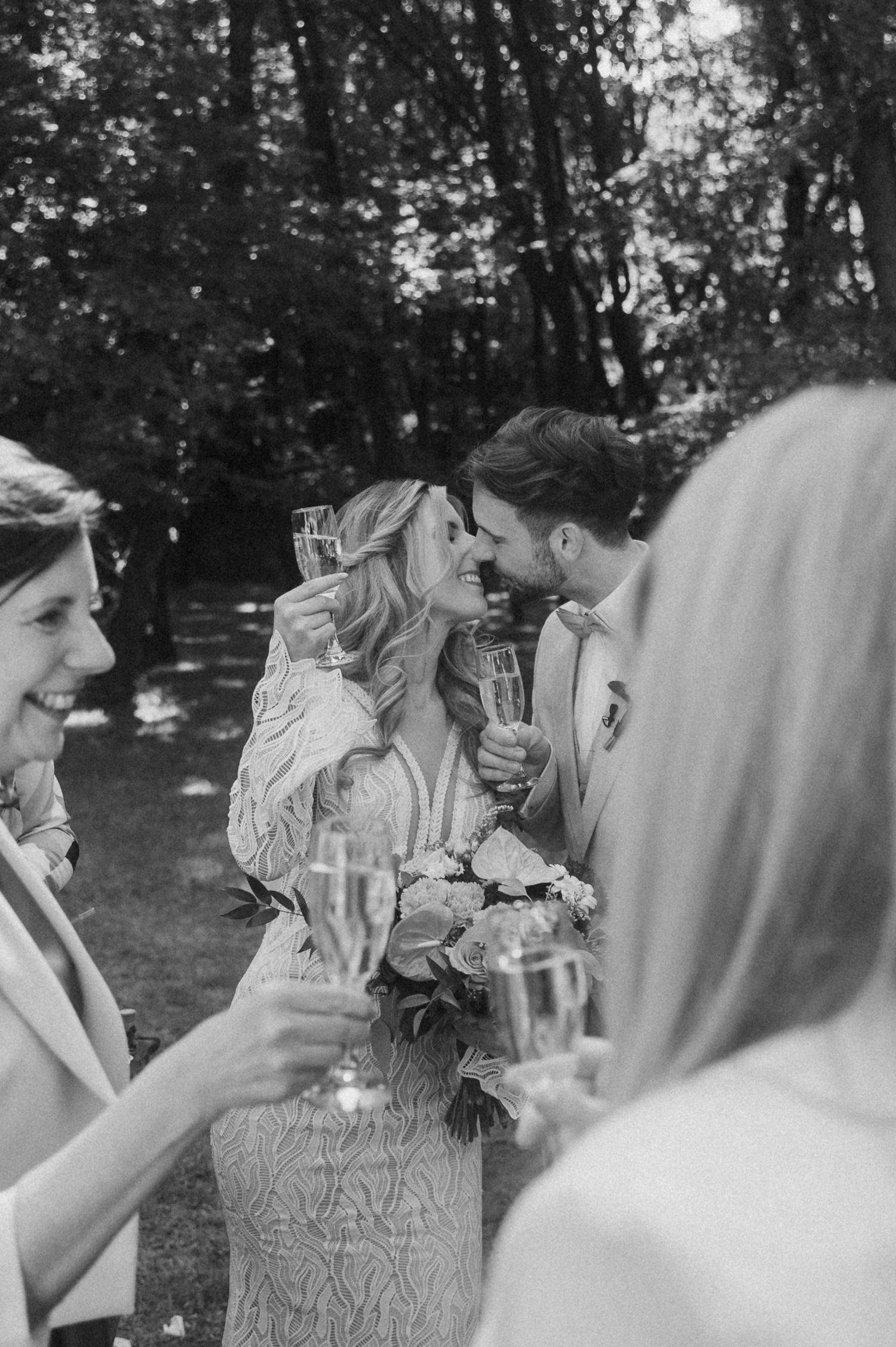 Vintage black and white photo sequence showing people laughing and drinking at an outdoor social gathering.