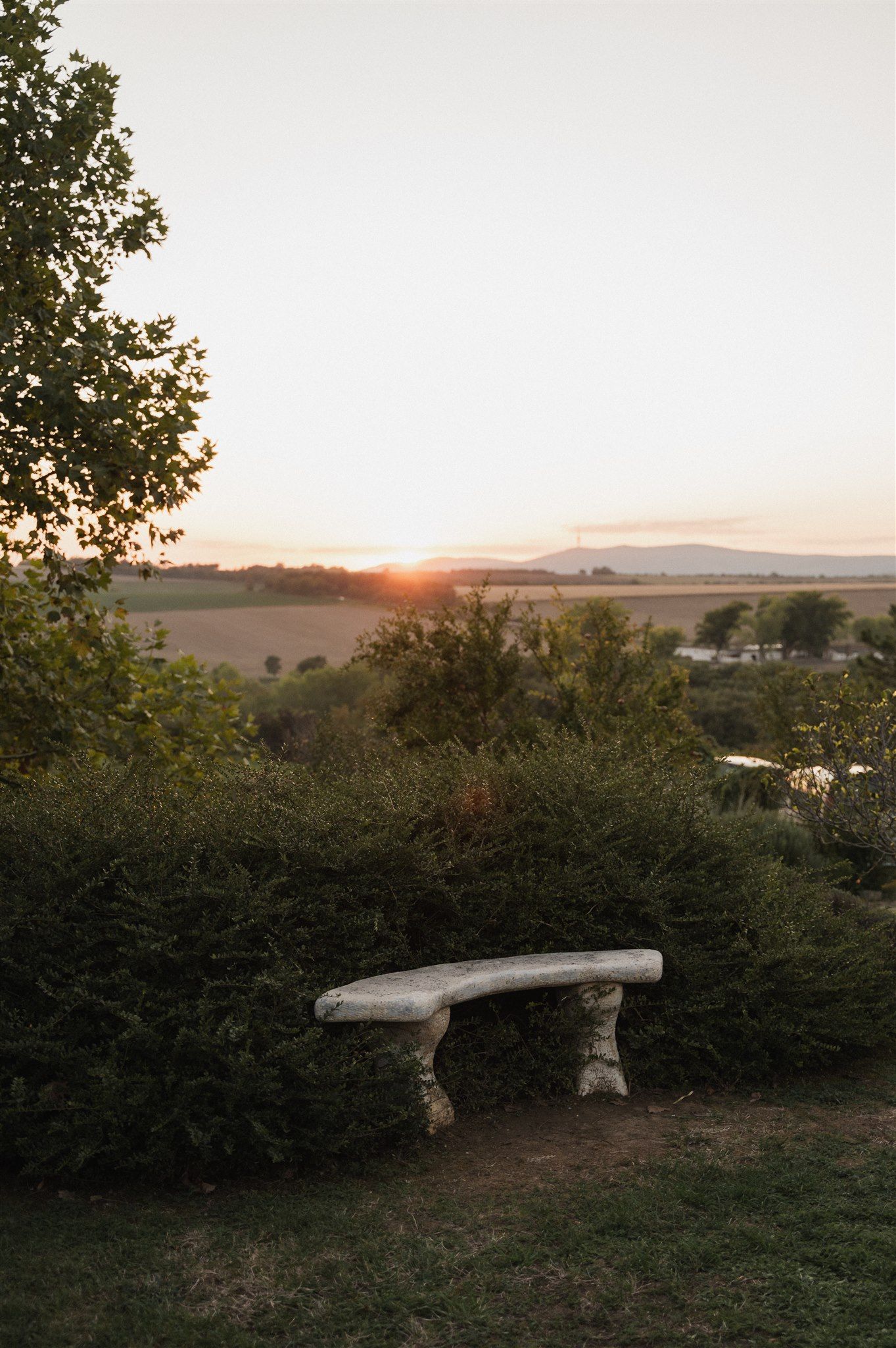 Stone bench overlooking a scenic countryside landscape at sunset.