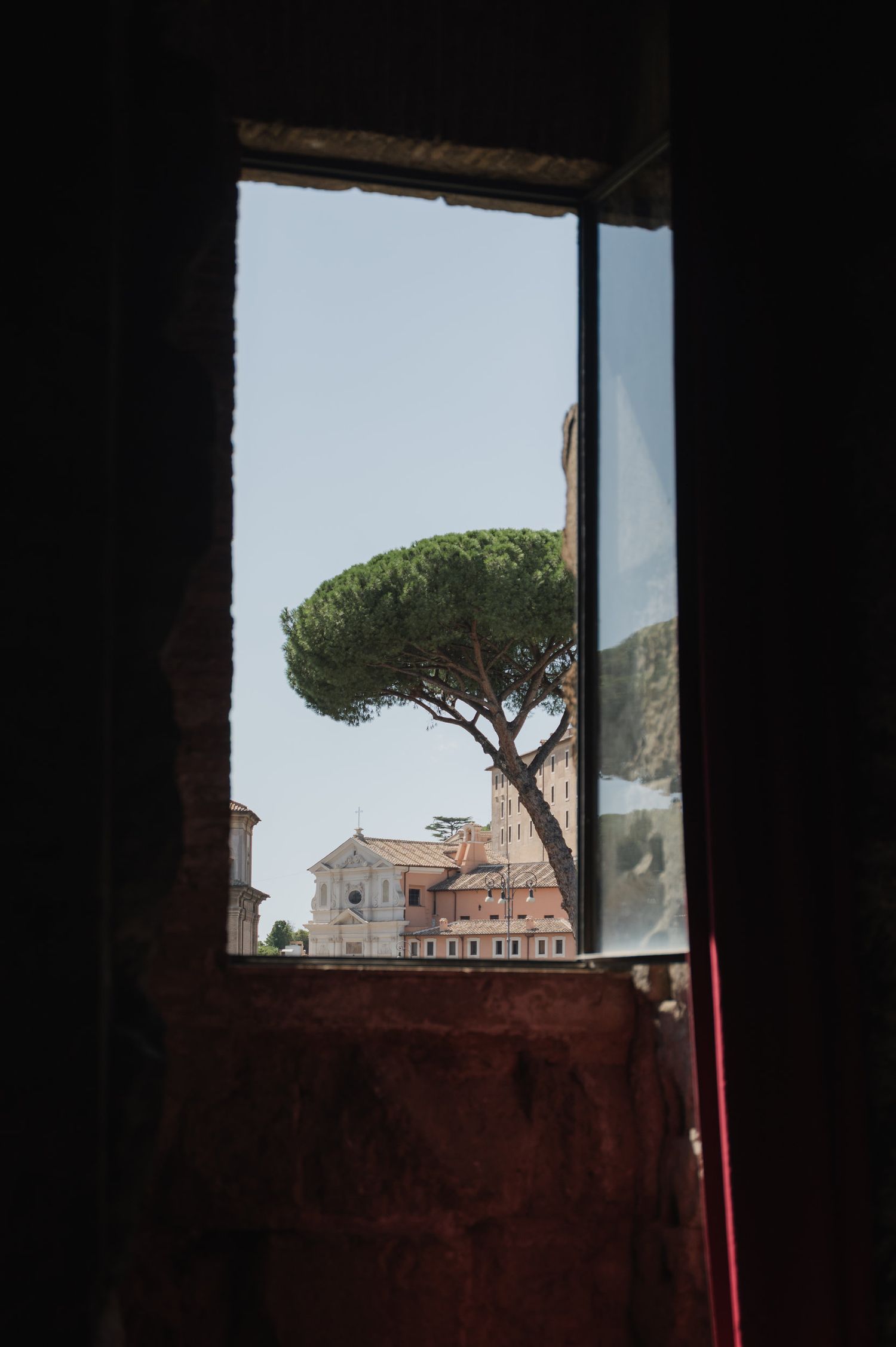 View through dark window frames of Italian pine trees and terracotta rooftops.