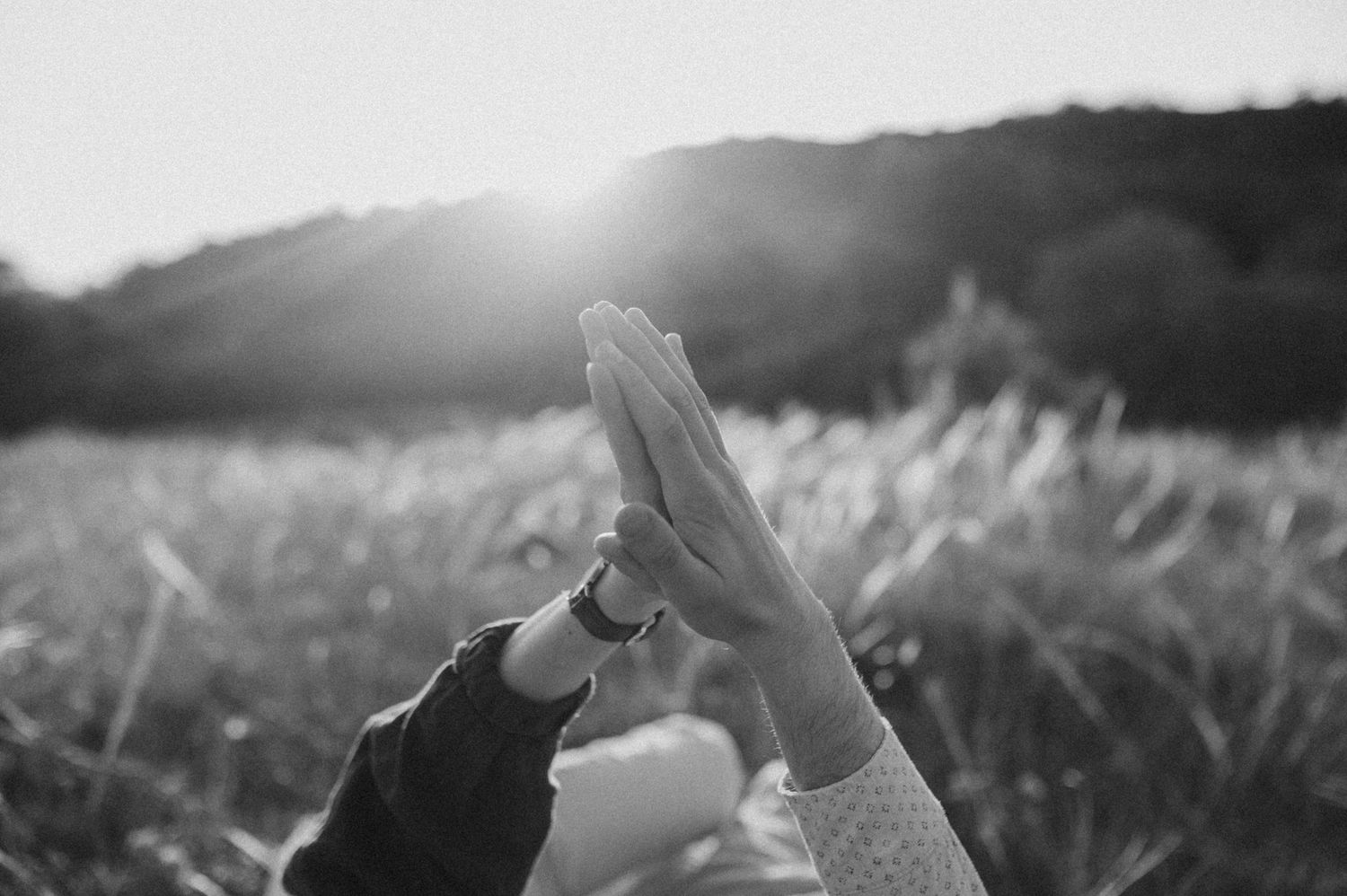 Silhouetted hands reaching towards each other against a bright sunset in a meadow.