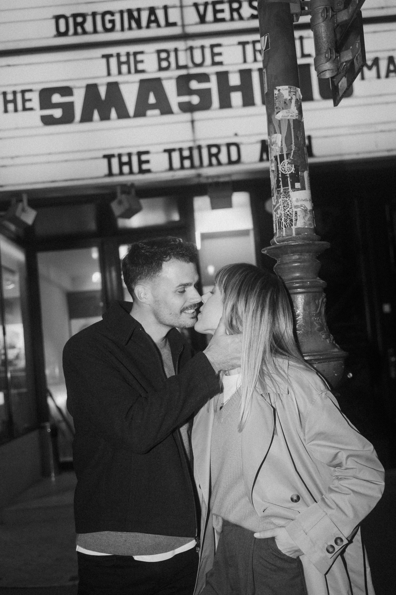 A black and white photo sequence shows a couple dancing together in front of a theater marquee.