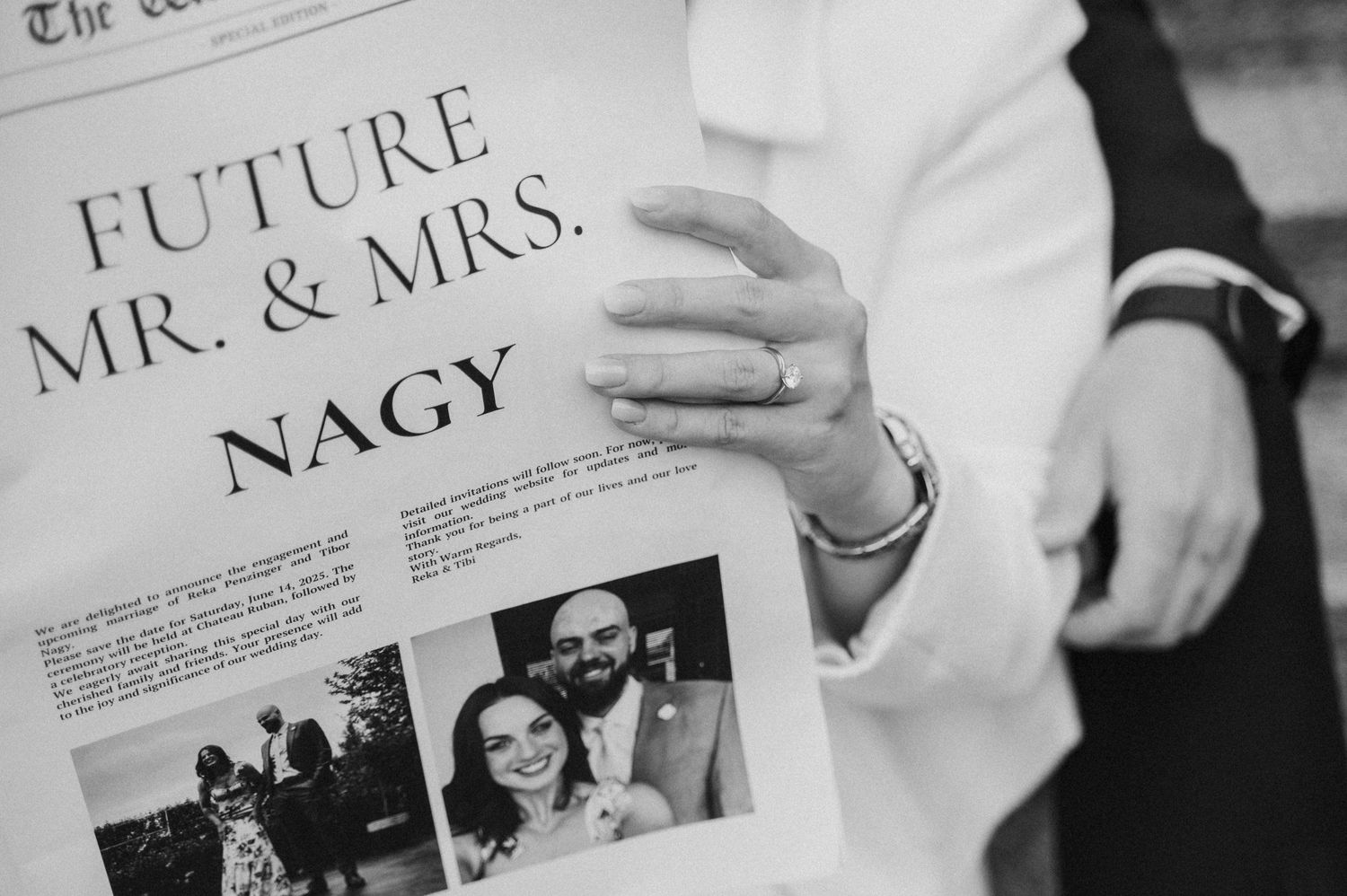 Close-up shots of newspaper headlines and text in black and white.
