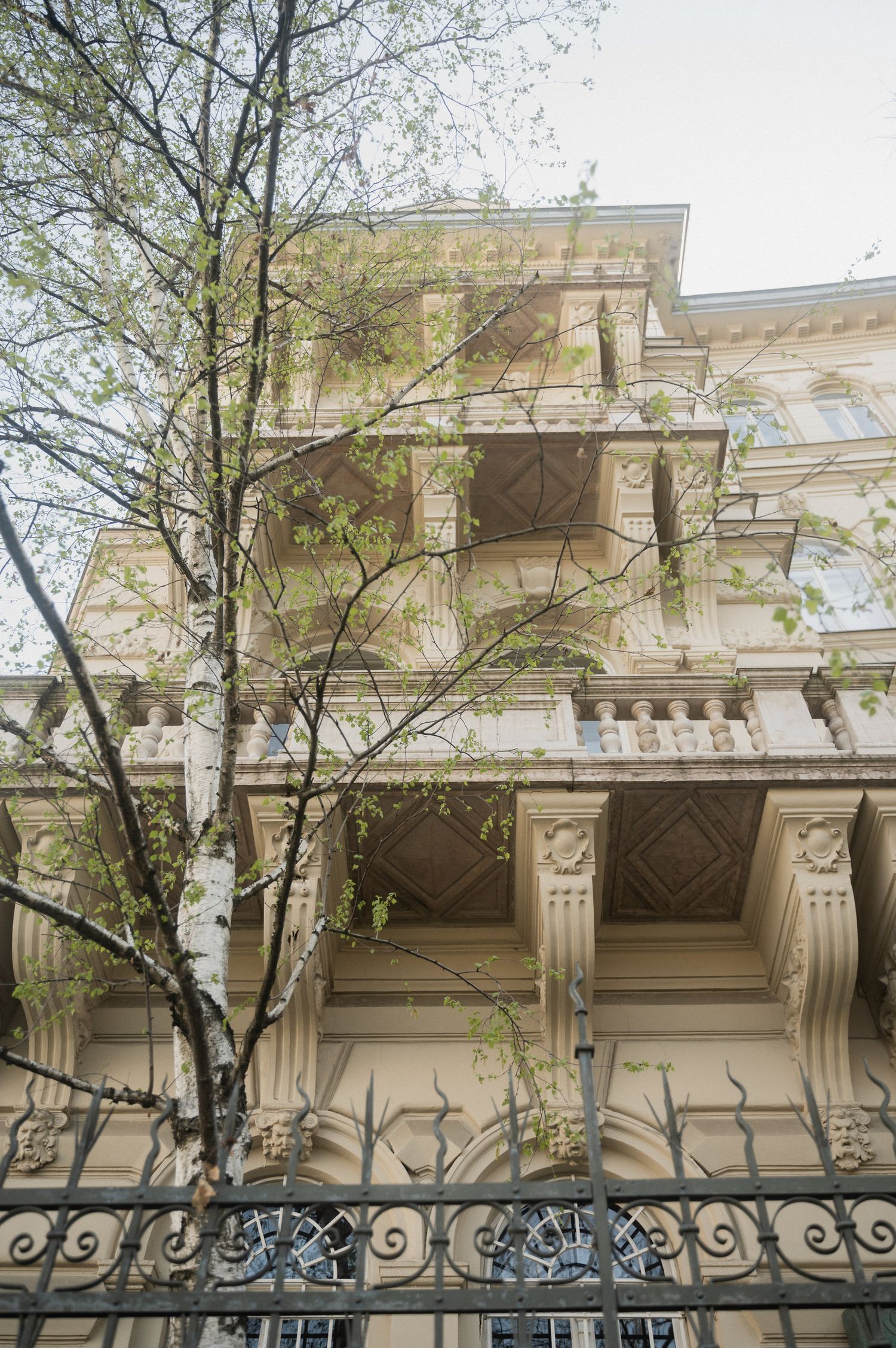 Ornate architectural details of a historic building facade with wrought iron fence and tree branches in the foreground.