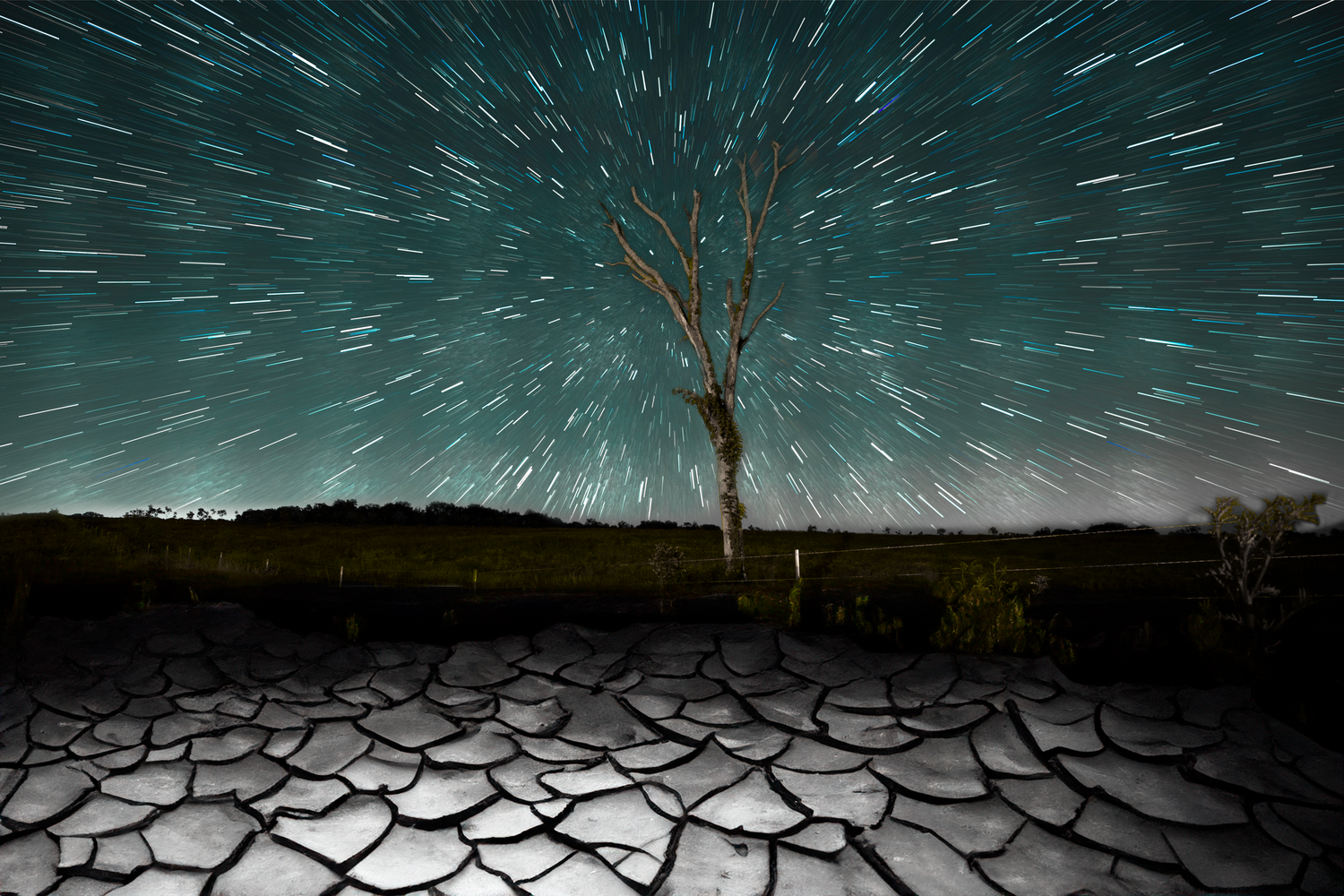 Long exposure star trails create dramatic streaks across night sky over cracked desert ground.