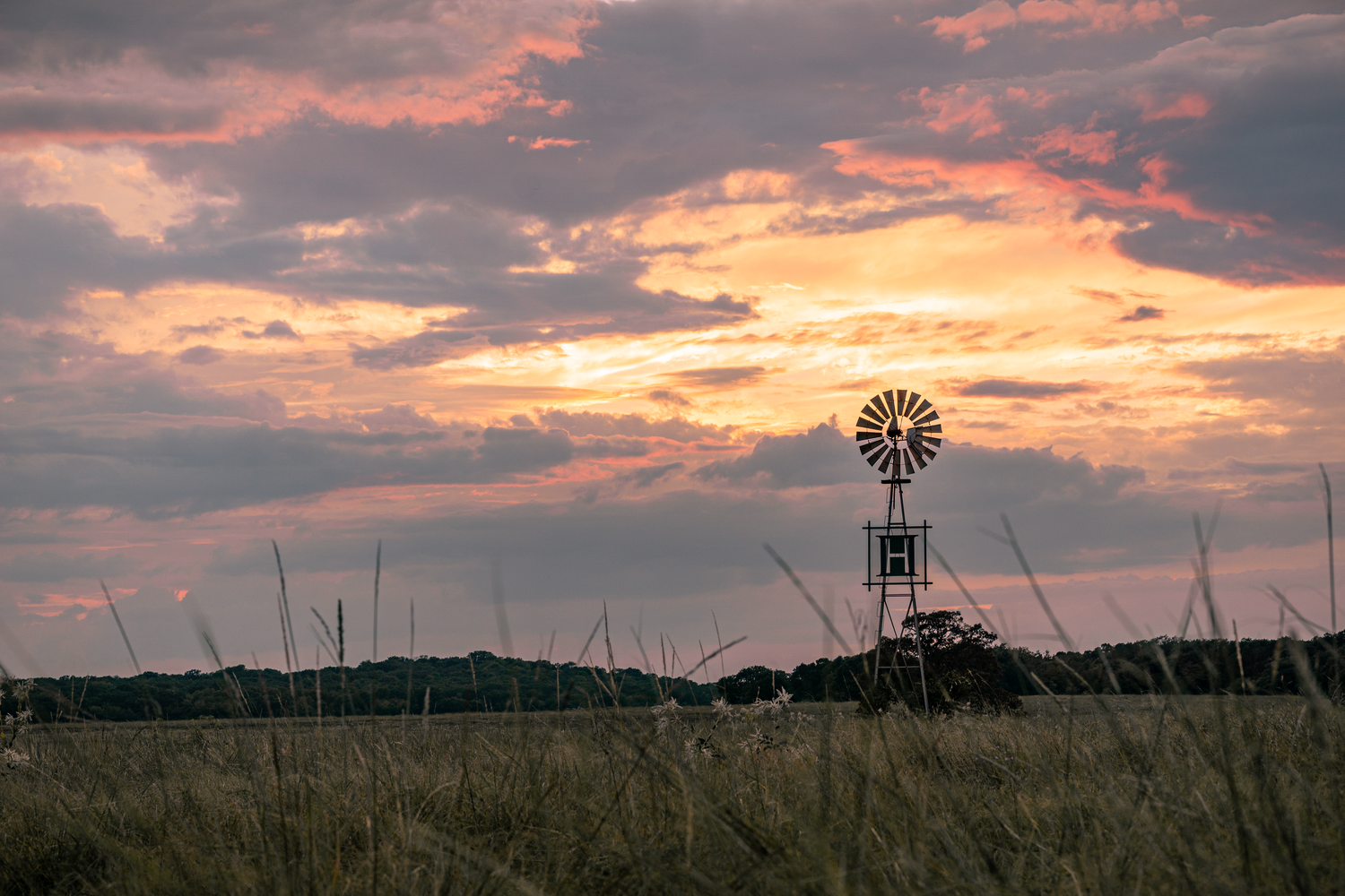 Dramatic sunset sky over rural grassland with silhouettes of a windmill and trees on the horizon.