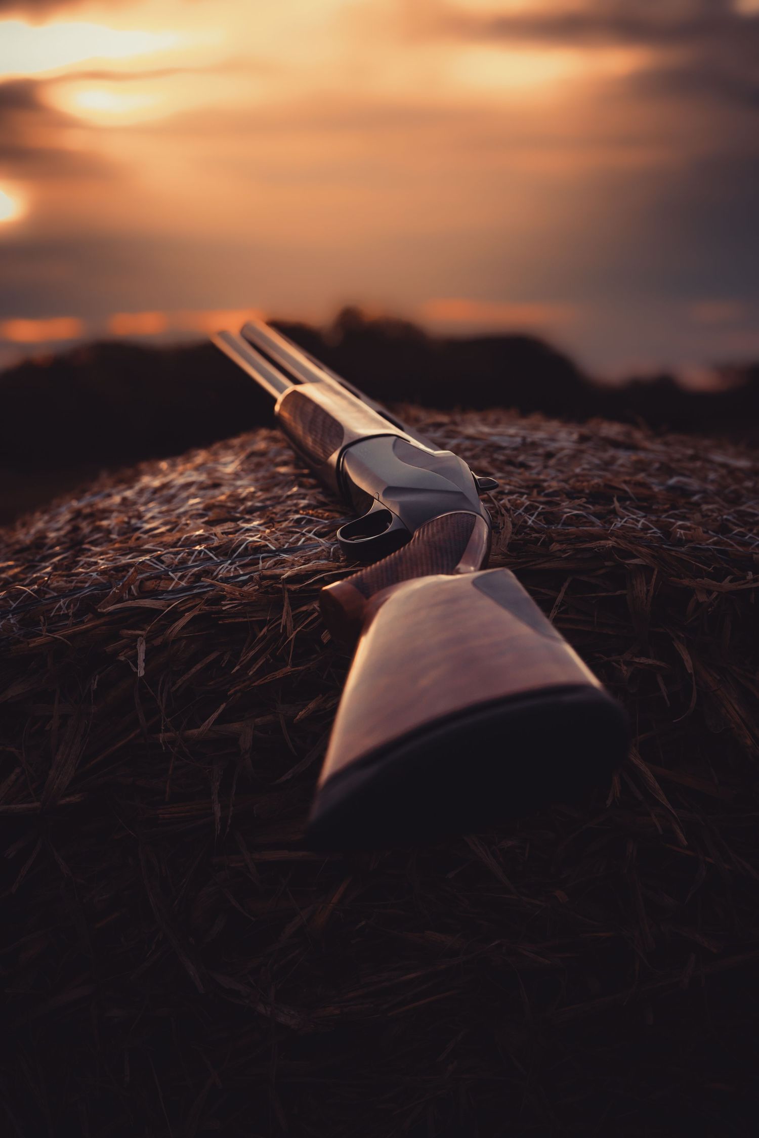 A rifle silhouetted against an orange sunset sky rests on textured ground.