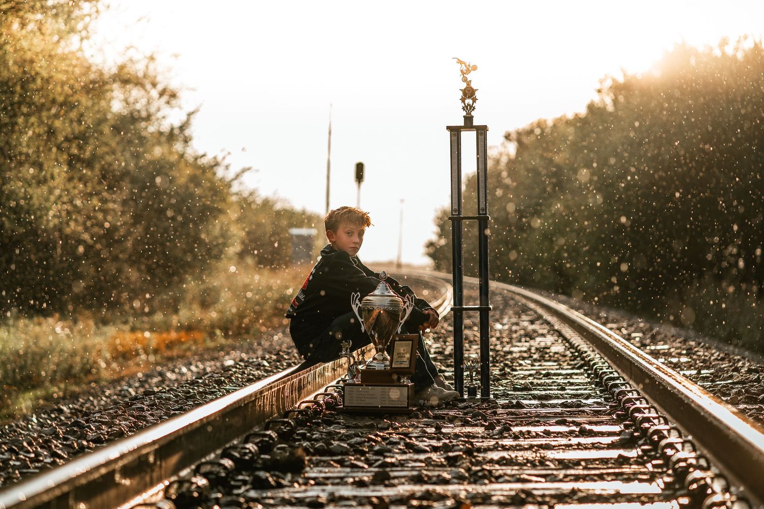 Scenic railway tracks stretching into the distance during golden hour.