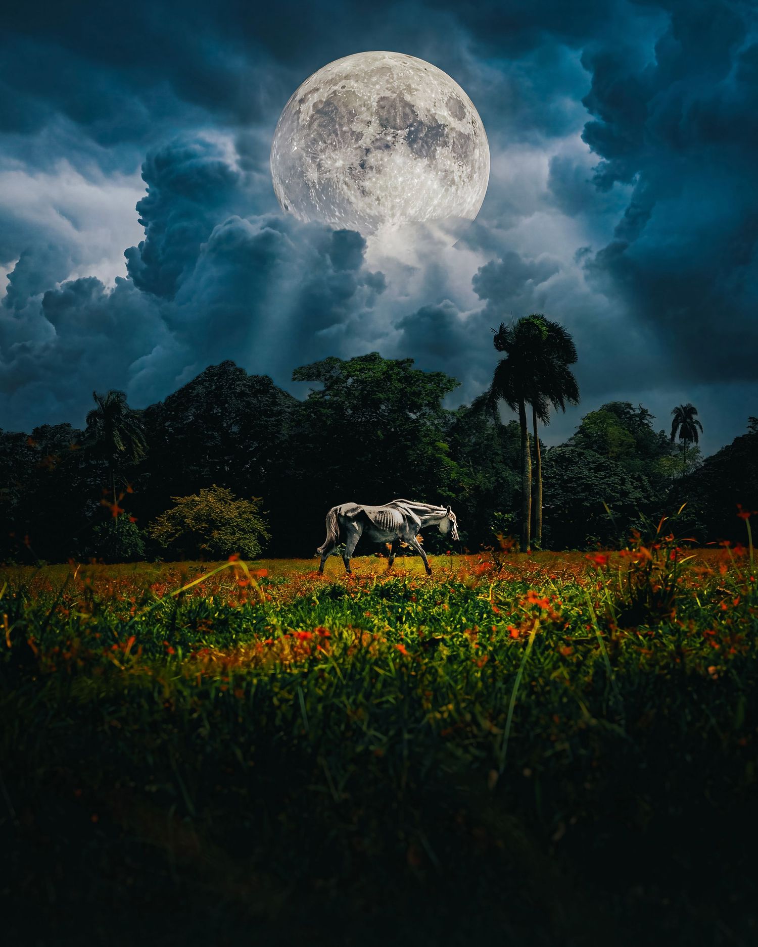 An elephant grazes in a vibrant field under a massive full moon illuminating dramatic storm clouds at night.