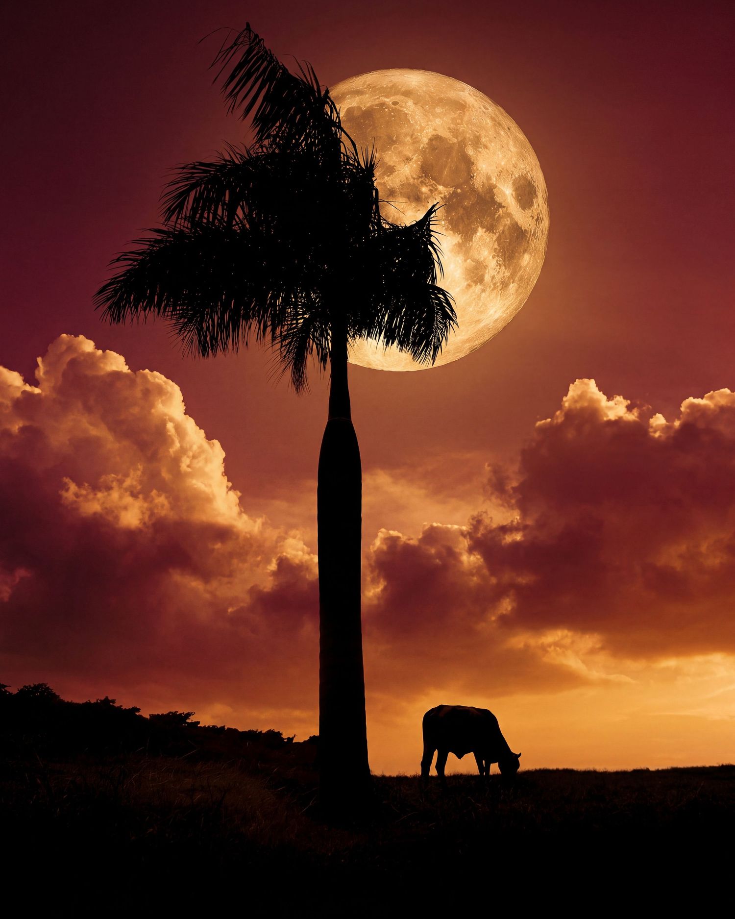 Silhouette of a tall palm tree and grazing cow against a dramatic full moon and fiery red sunset sky.