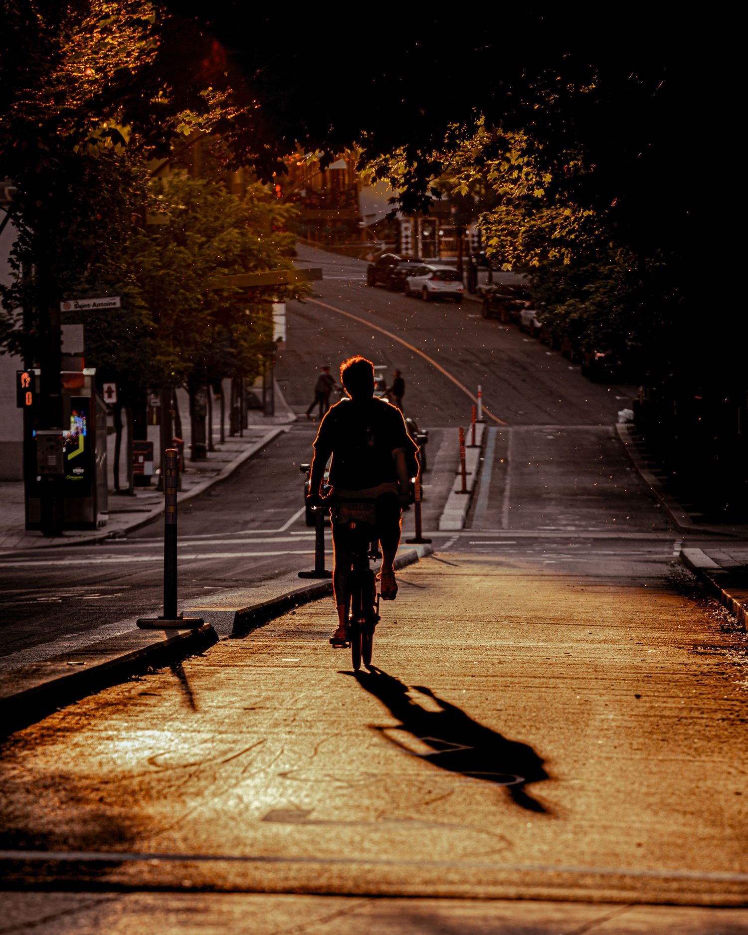 Golden hour street scene with long shadows cast by pedestrians walking on an urban sidewalk.