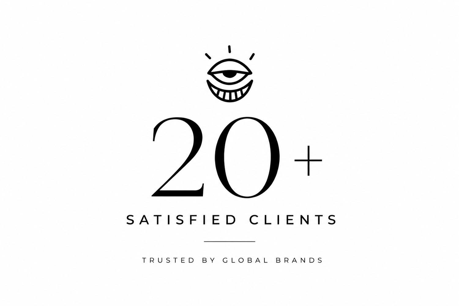Graphic displaying 20+ satisfied clients milestone, trusted by global brands, with an eye logo icon.