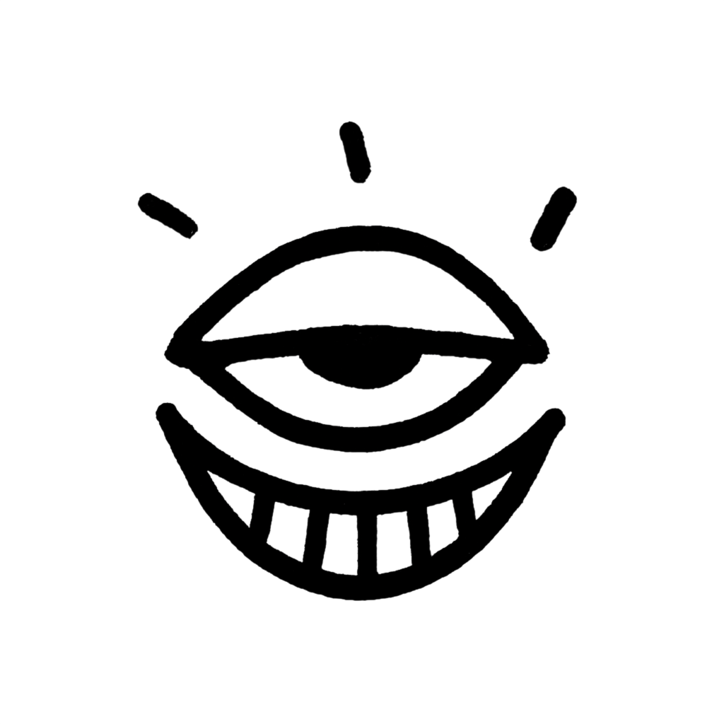 Black and white illustration of a stylized eye with rays and a smiling mouth, creating a surreal face logo design.