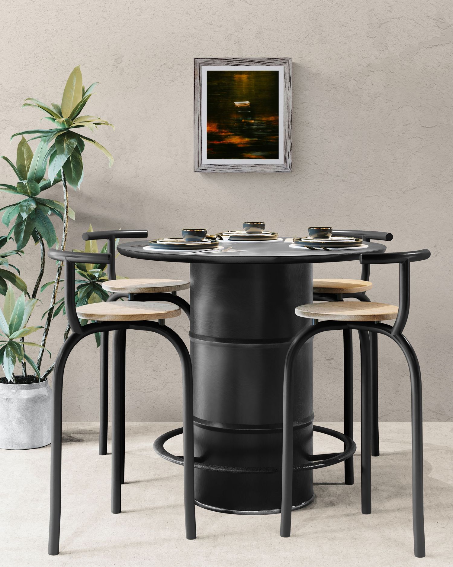 Industrial black barrel dining table with four metal stools and wood seats, styled with a framed artwork and potted plant.