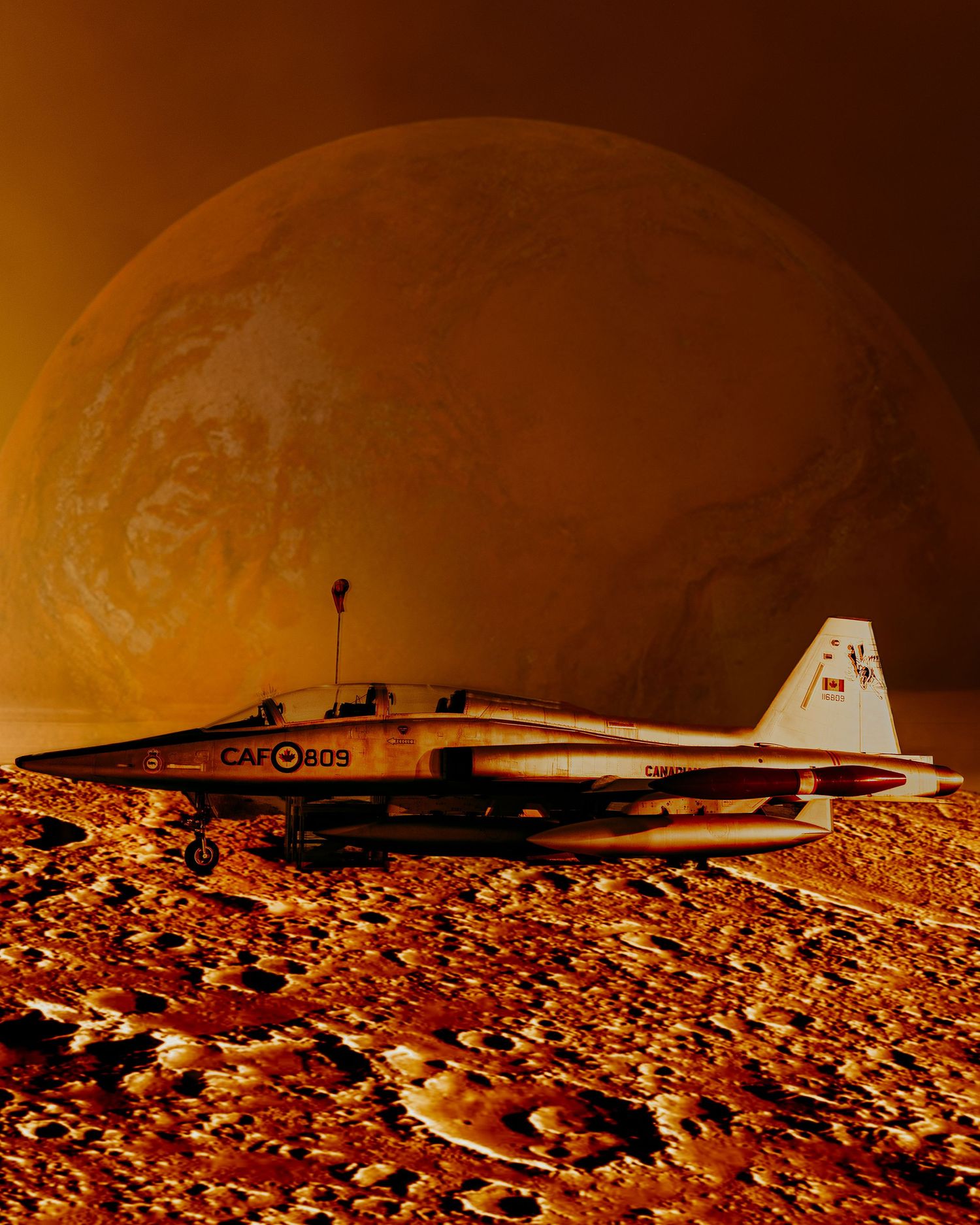 Canadian Air Force jet fighter on a rocky Mars-like surface with a large planet looming in the orange sky.