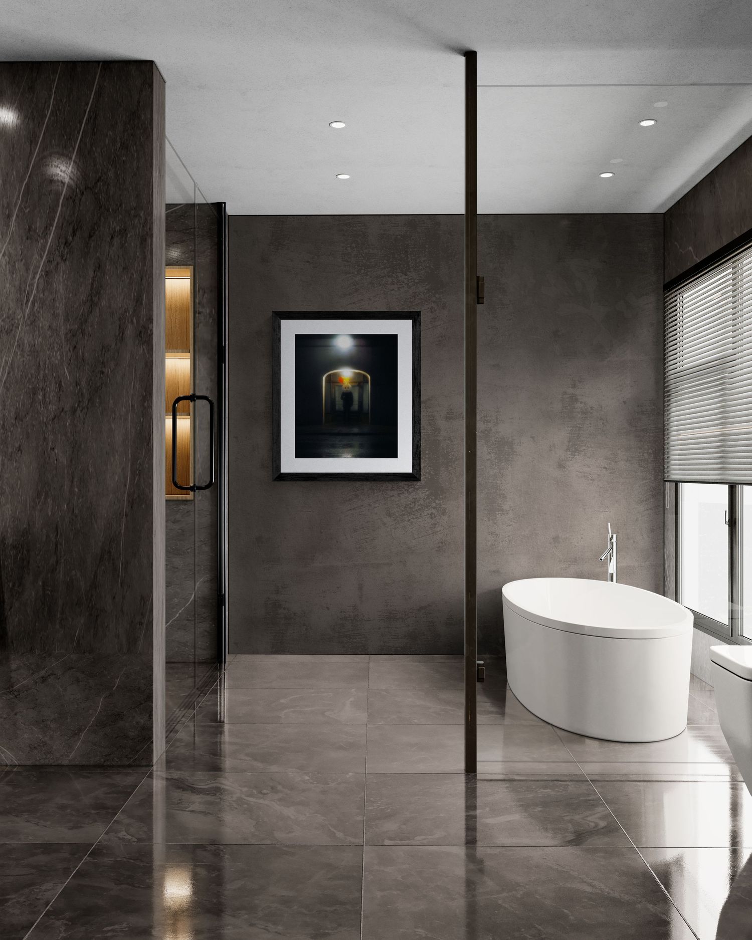 Luxury modern bathroom with dark marble walls, freestanding white soaking tub, glass partition, and framed artwork.