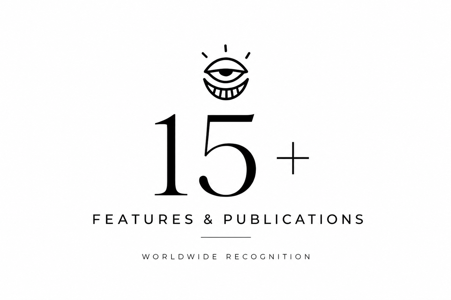 Graphic displaying 15+ features and publications with worldwide recognition, featuring an eye icon design.