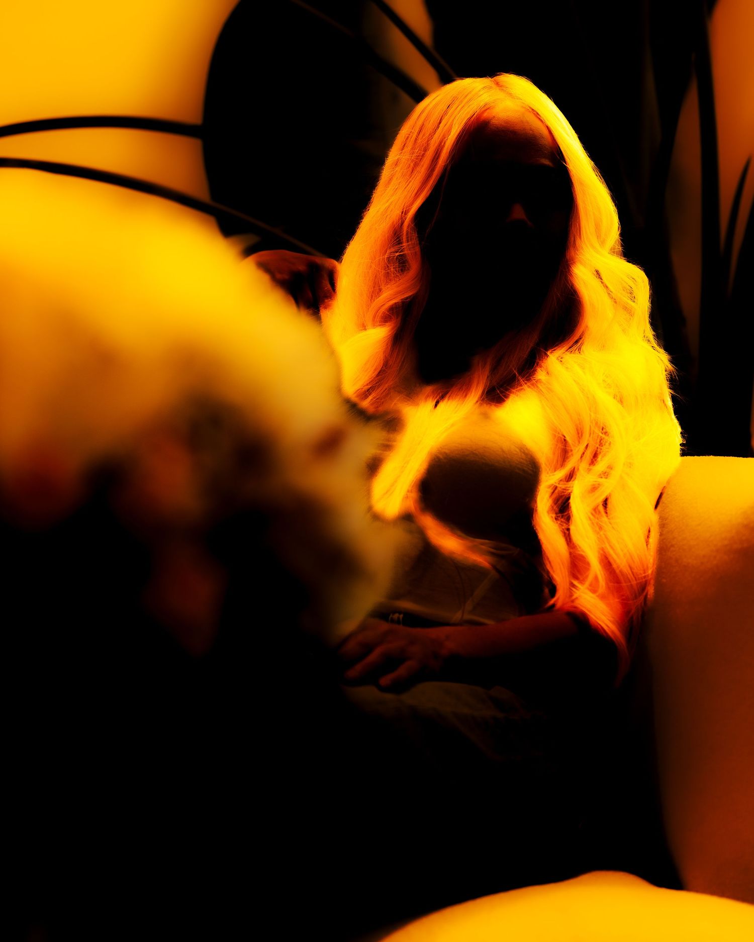 Abstract motion blur creates warm orange and yellow streaks against a dark background.