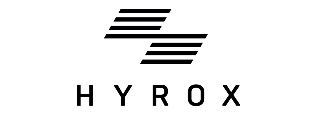 HYROX fitness competition brand logo featuring bold black text and stylized parallel lines icon on white background.