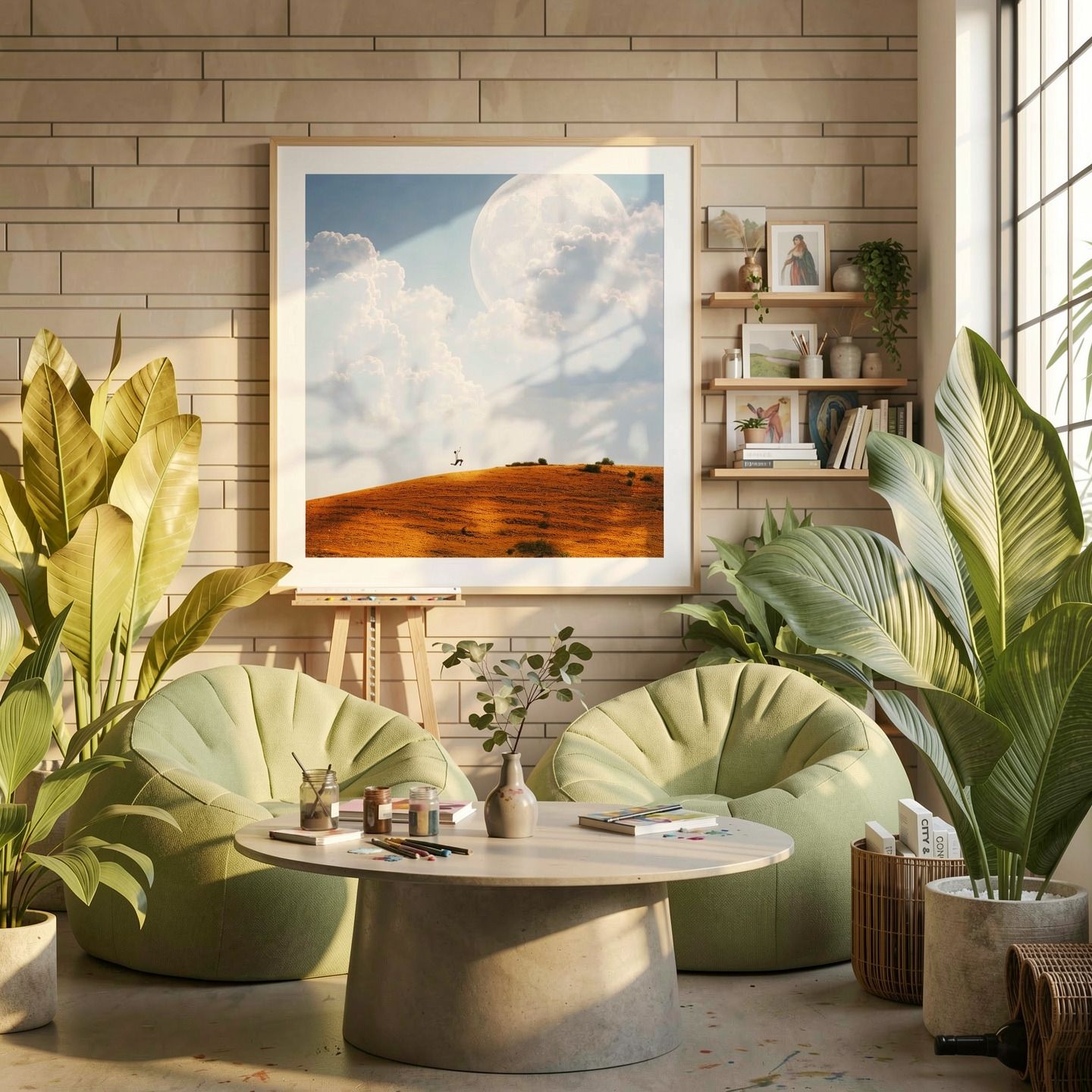 Cozy living room with green pod chairs, tropical plants, round table, and a desert landscape painting on a wood-paneled wall.