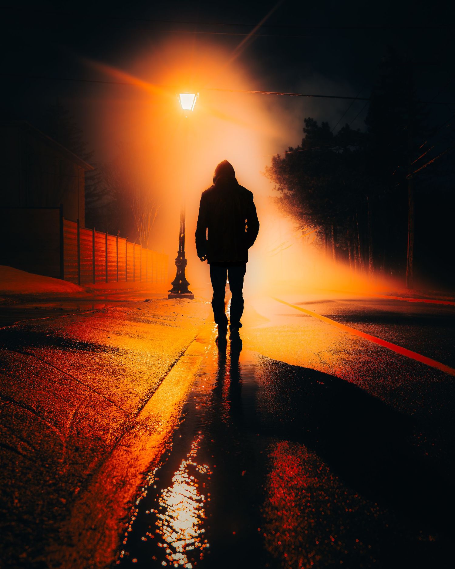 Silhouette of a hooded person walking alone on a wet street at night, illuminated by glowing orange streetlights in fog.