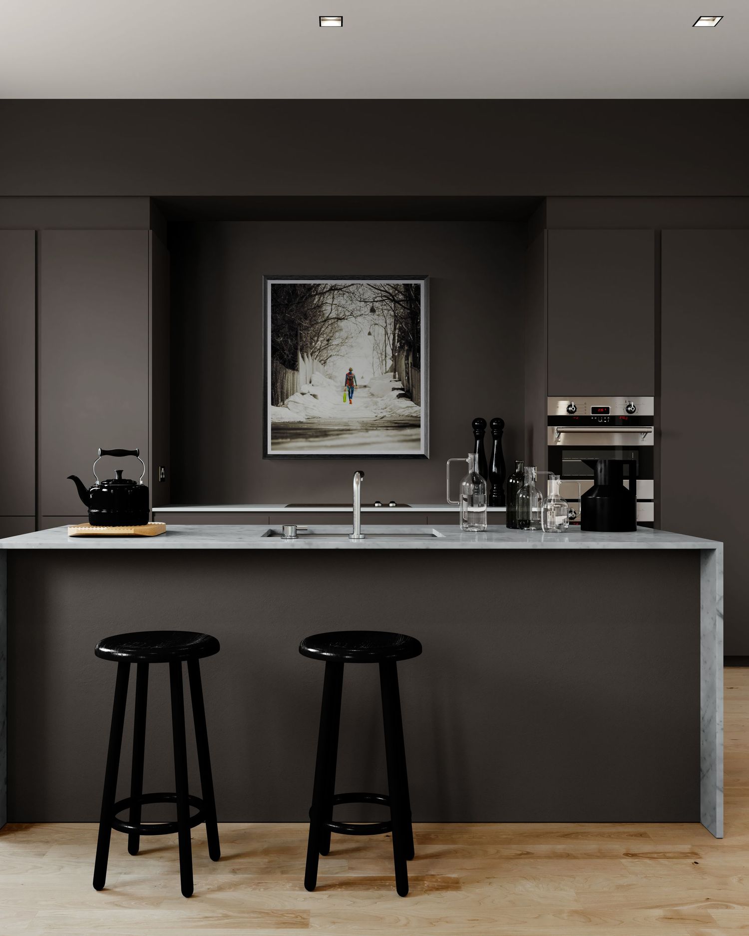 Dark moody kitchen with black cabinetry, marble island, two black bar stools, and a framed winter forest artwork.