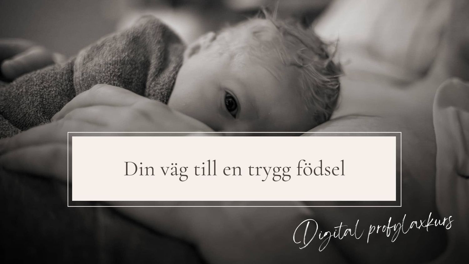Svartvitt förlossningsfoto på en nyfödd bebis som tittar in i kameran strax efter födseln. Din väg till en trygg födsel står framför.
