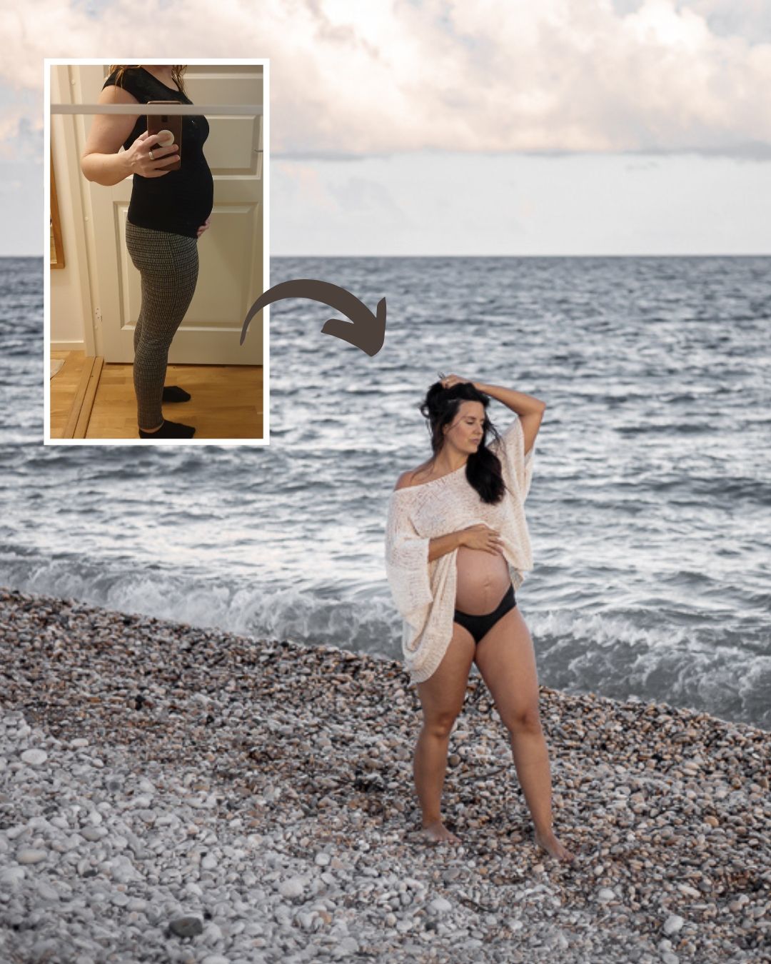 Jämförande bild med en spegelselfie på gravidmage mot en vacker bild på en gravid i nuet på en strand i solnedgången