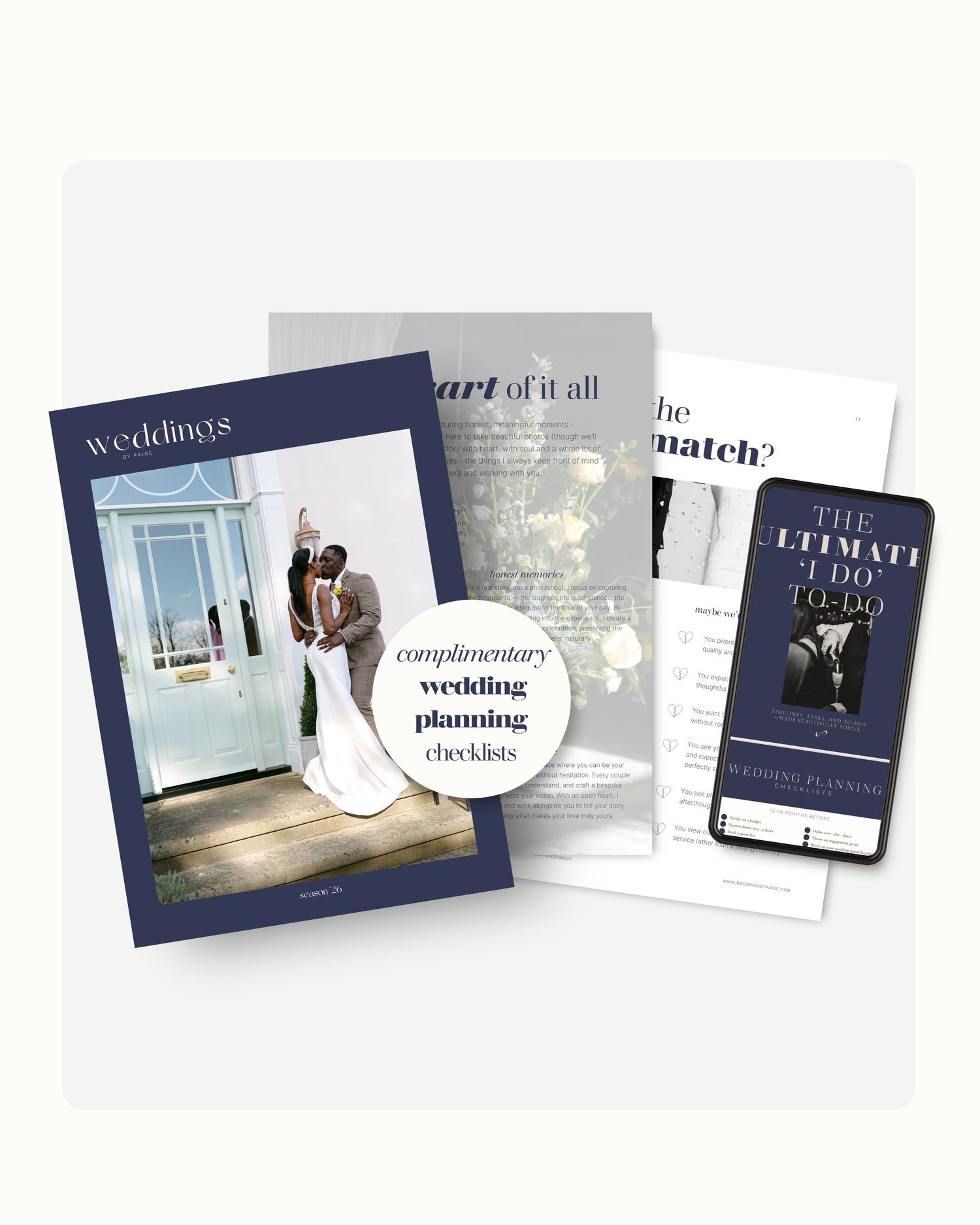 A wedding planning guide and mobile app mockup showing publication layouts with elegant navy blue and white designs.