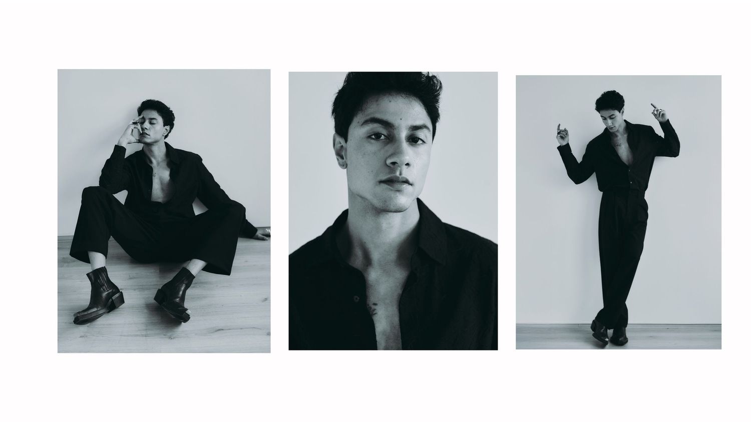 A series of black and white artistic fashion photographs showing dramatic poses and movements against minimal backgrounds.