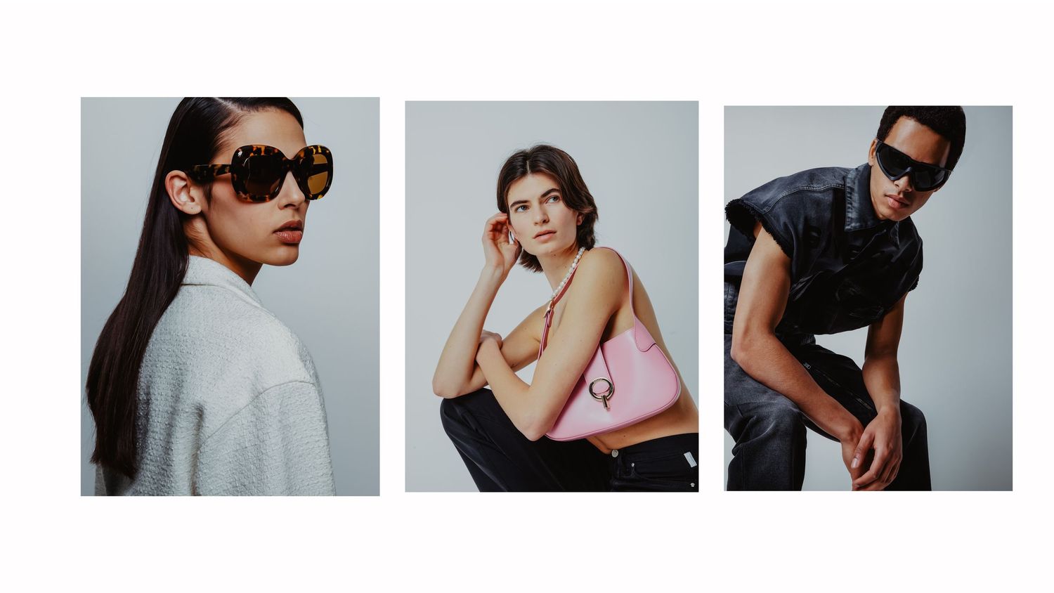 A fashion photo series showing various poses of a model in sunglasses and casual wear against neutral backgrounds.