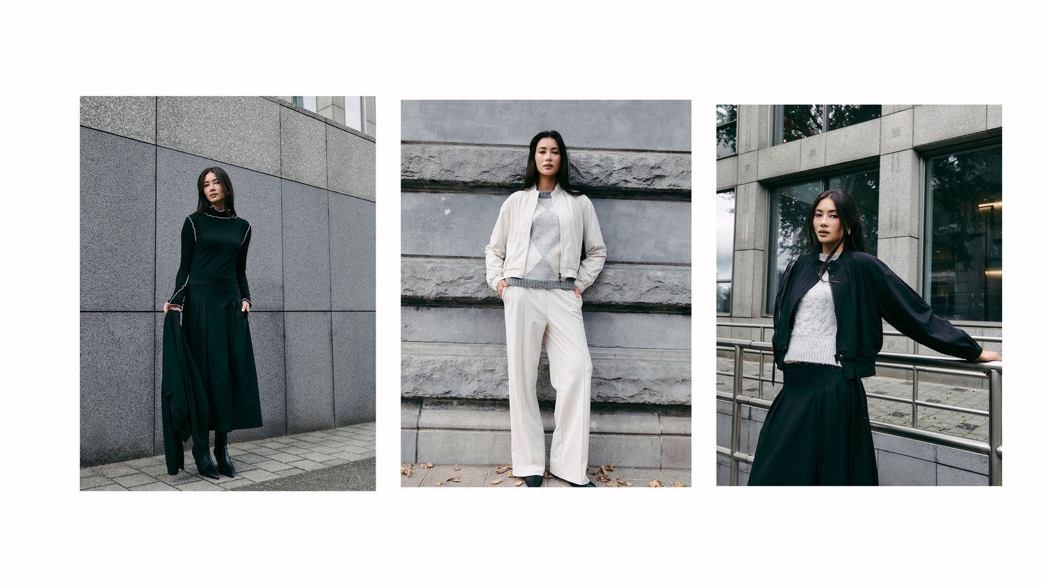 Three minimalist fashion looks featuring monochromatic outfits in black and white against urban architectural backgrounds.